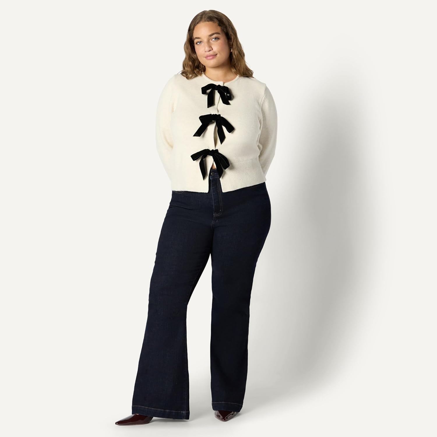 image:imageAmazon Essentials Womens RegularFit LongSleeve Tie Front Cardigan with Bows Blouson Sleeve Rib CuffOatmeal Heather