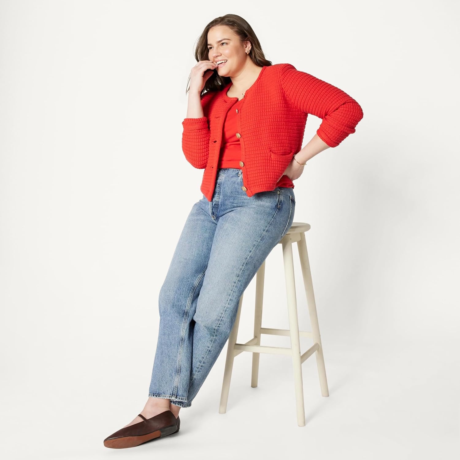 image:imageAmazon Essentials Womens RegularFit Midweight Cardigan SweaterBright Poppy Red