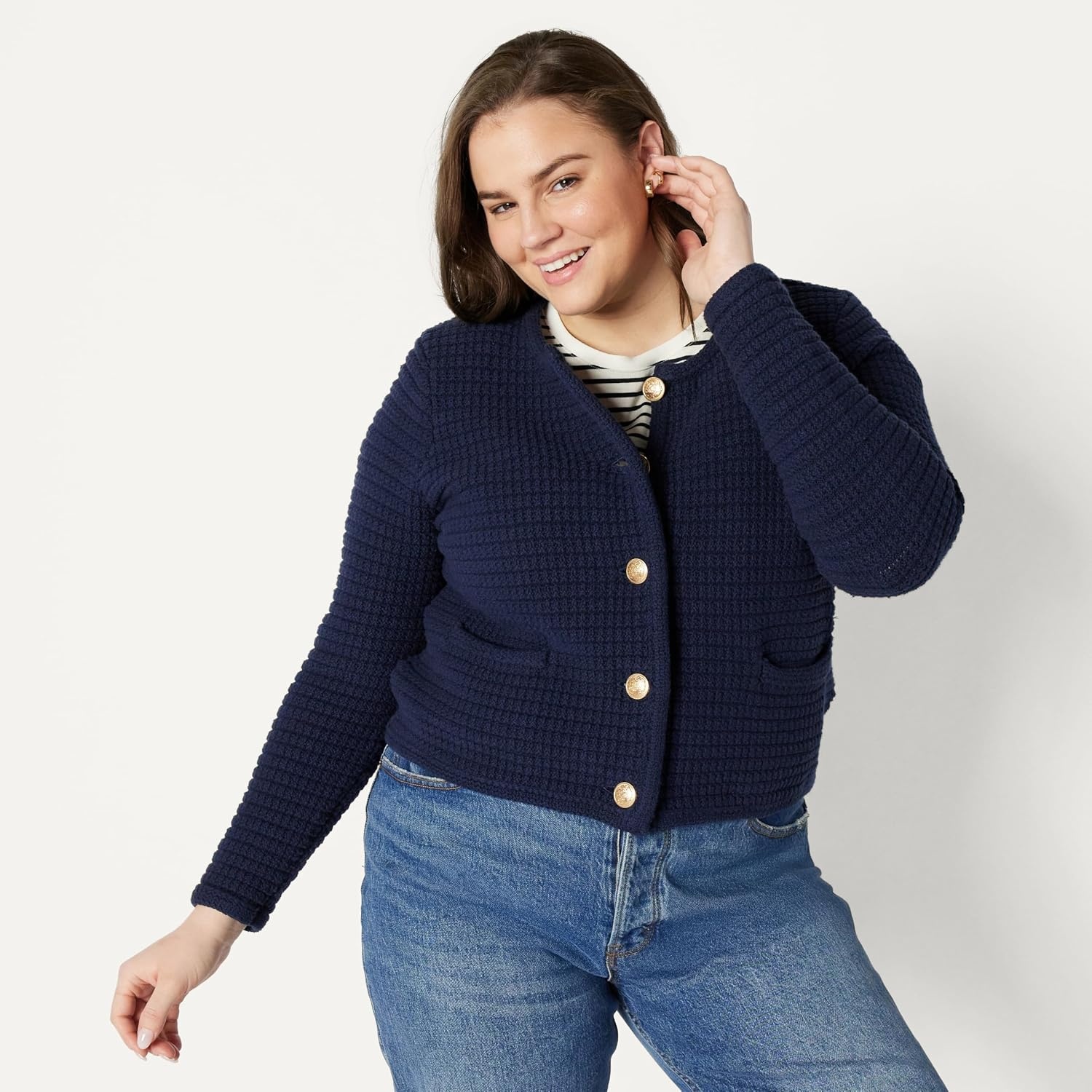 image:imageAmazon Essentials Womens RegularFit Midweight Cardigan SweaterNavy