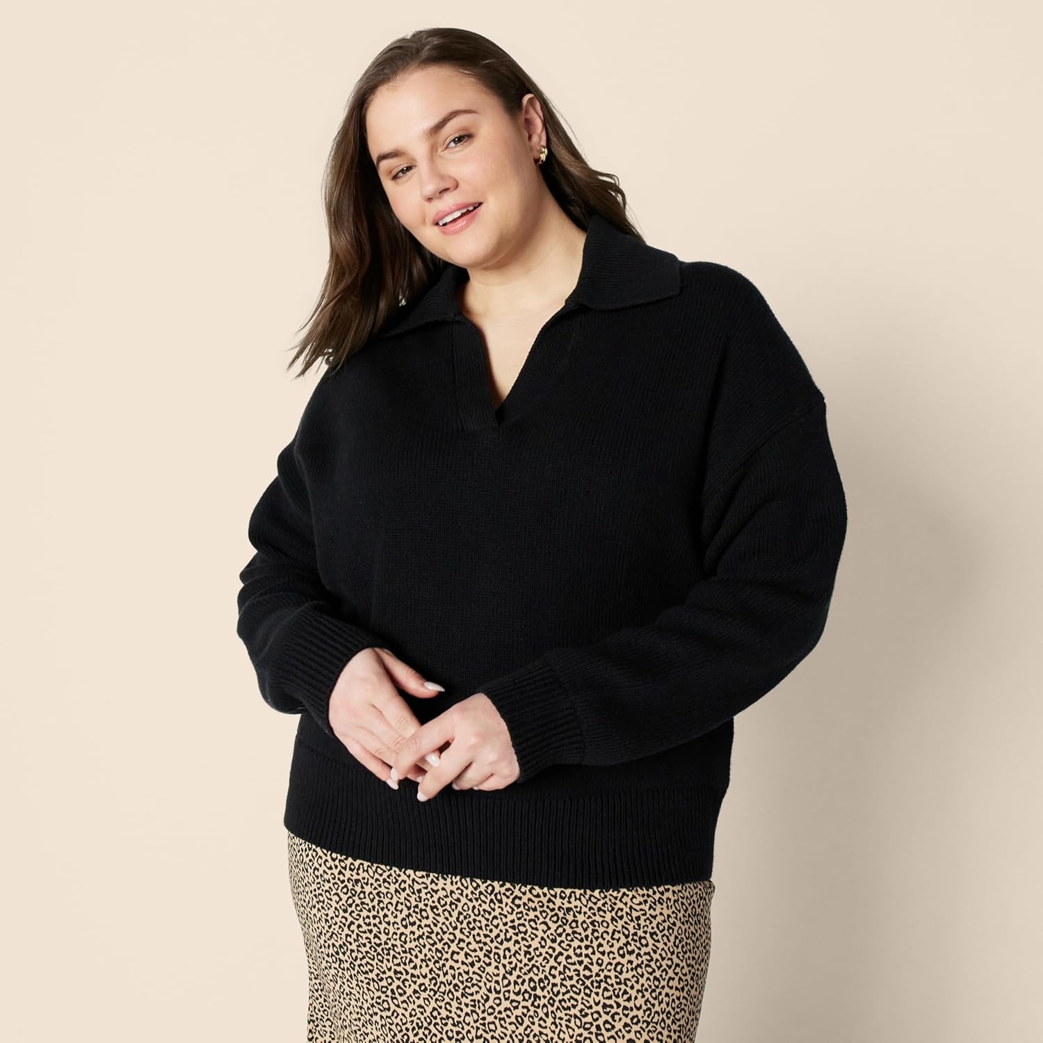 image:imageAmazon Essentials Womens RegularFit Midweight Cotton Polo Pullover Sweater Long Sleeve V Neck CollaredBlack