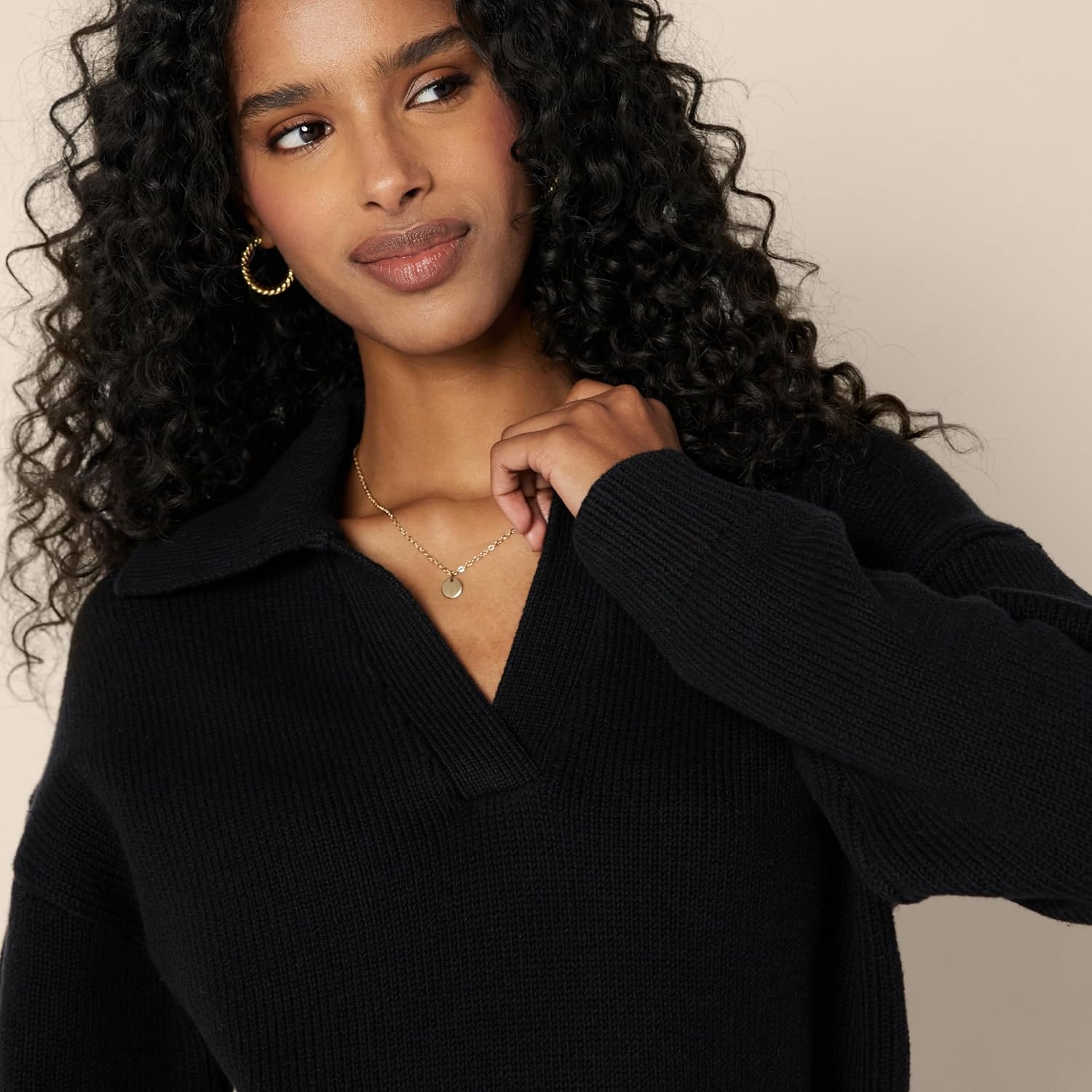 image:imageAmazon Essentials Womens RegularFit Midweight Cotton Polo Pullover Sweater Long Sleeve V Neck CollaredBlack