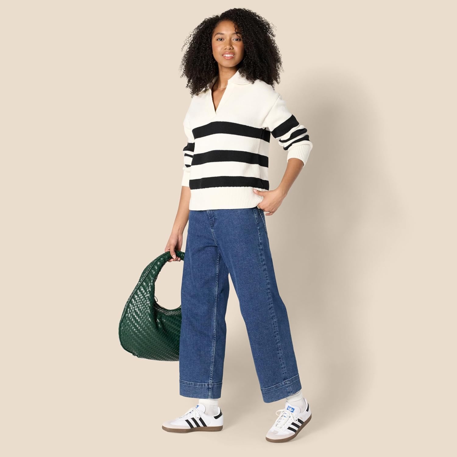image:imageAmazon Essentials Womens RegularFit Midweight Cotton Polo Pullover Sweater Long Sleeve V Neck CollaredEggshell White Black Big Stripe