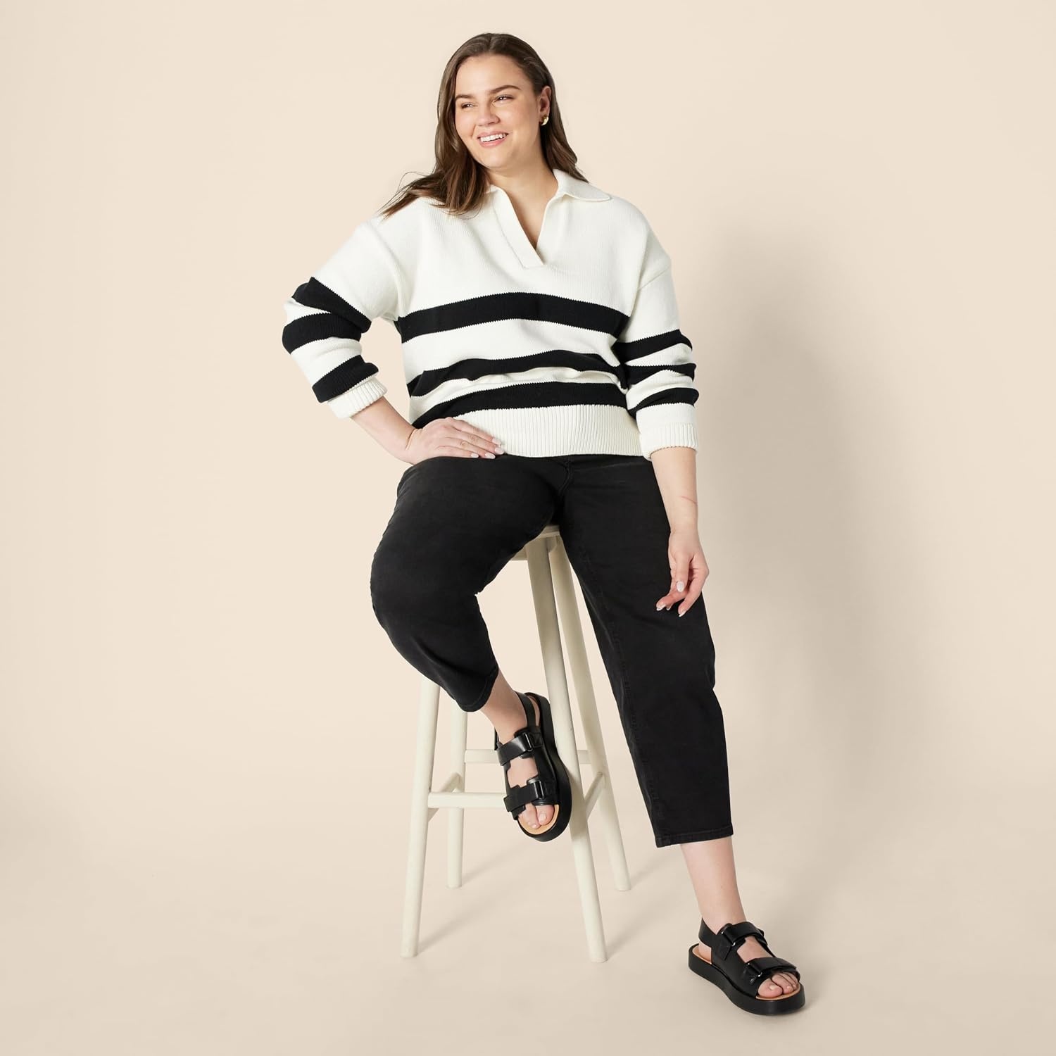 image:imageAmazon Essentials Womens RegularFit Midweight Cotton Polo Pullover Sweater Long Sleeve V Neck CollaredEggshell White Black Big Stripe