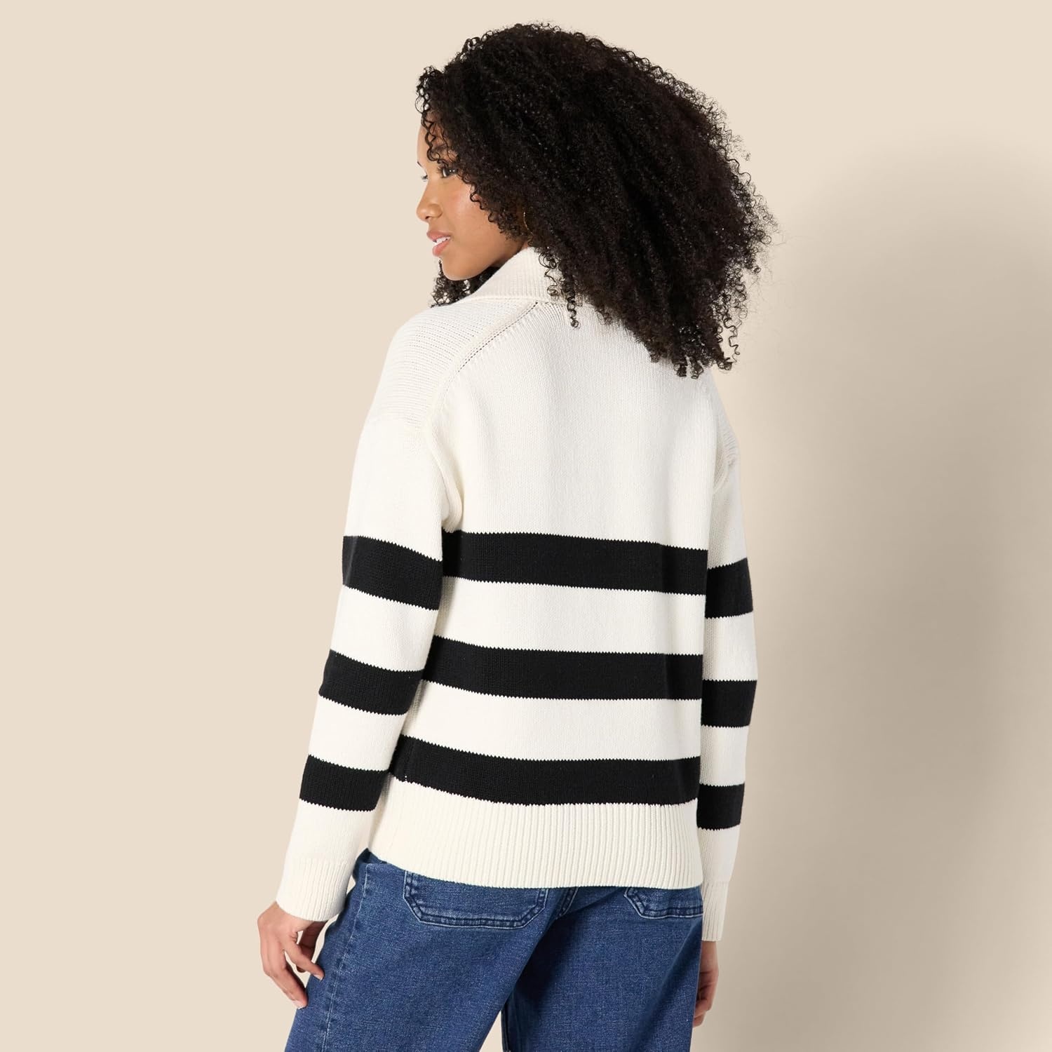 image:imageAmazon Essentials Womens RegularFit Midweight Cotton Polo Pullover Sweater Long Sleeve V Neck CollaredEggshell White Black Big Stripe