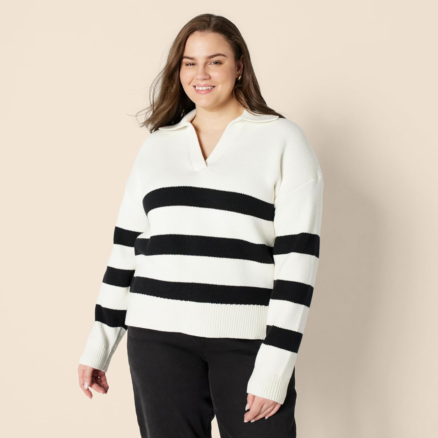 image:imageAmazon Essentials Womens RegularFit Midweight Cotton Polo Pullover Sweater Long Sleeve V Neck CollaredEggshell White Black Big Stripe