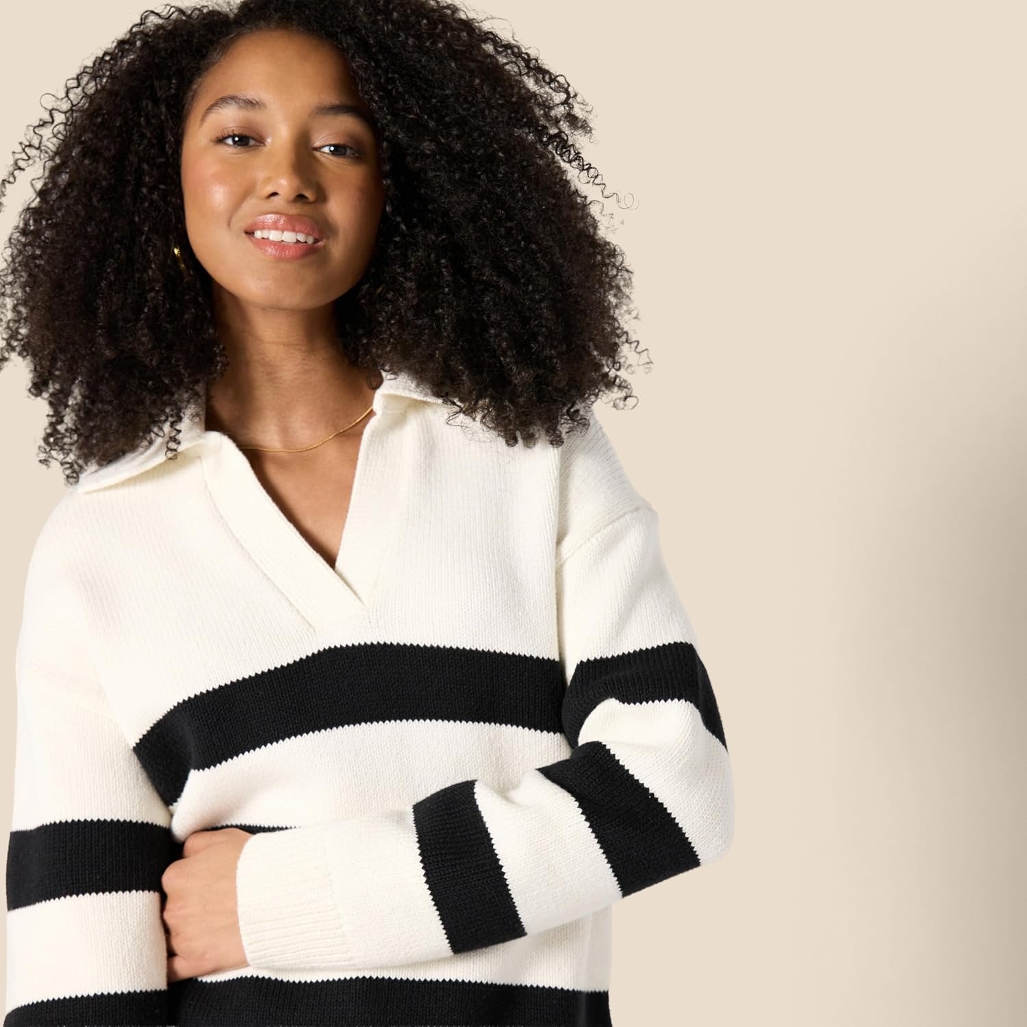 image:imageAmazon Essentials Womens RegularFit Midweight Cotton Polo Pullover Sweater Long Sleeve V Neck CollaredEggshell White Black Big Stripe