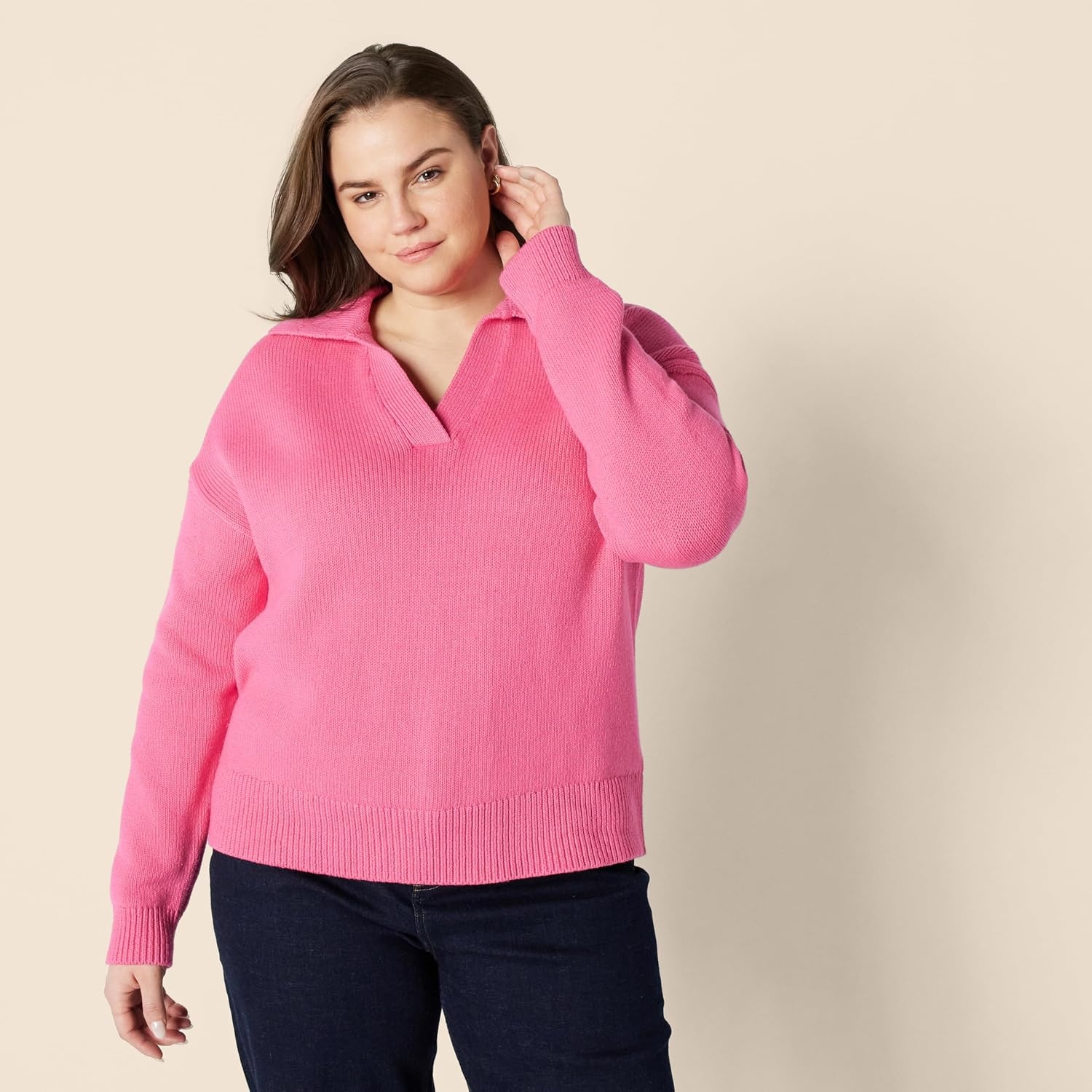 image:imageAmazon Essentials Womens RegularFit Midweight Cotton Polo Pullover Sweater Long Sleeve V Neck CollaredHot Pink