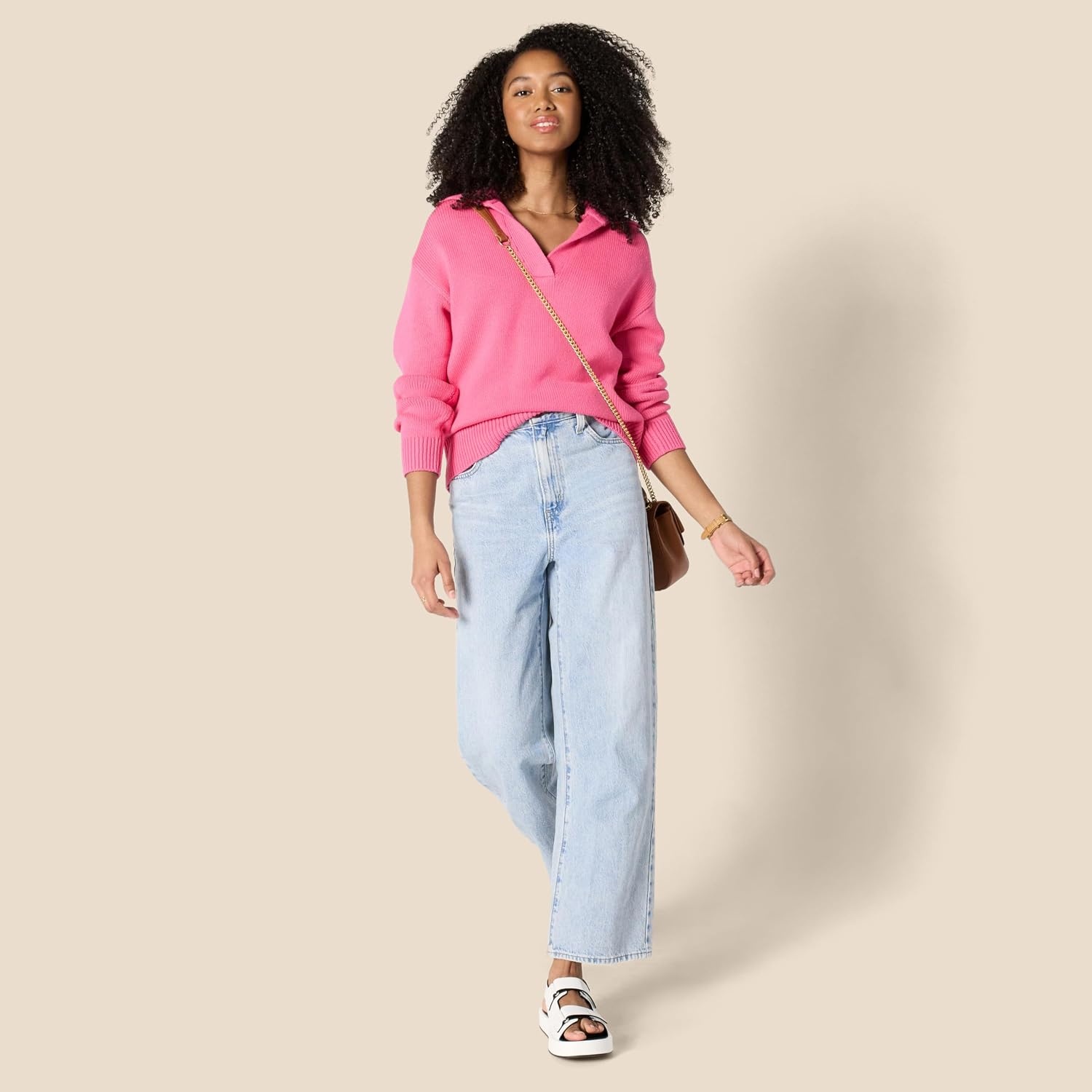 image:imageAmazon Essentials Womens RegularFit Midweight Cotton Polo Pullover Sweater Long Sleeve V Neck CollaredHot Pink