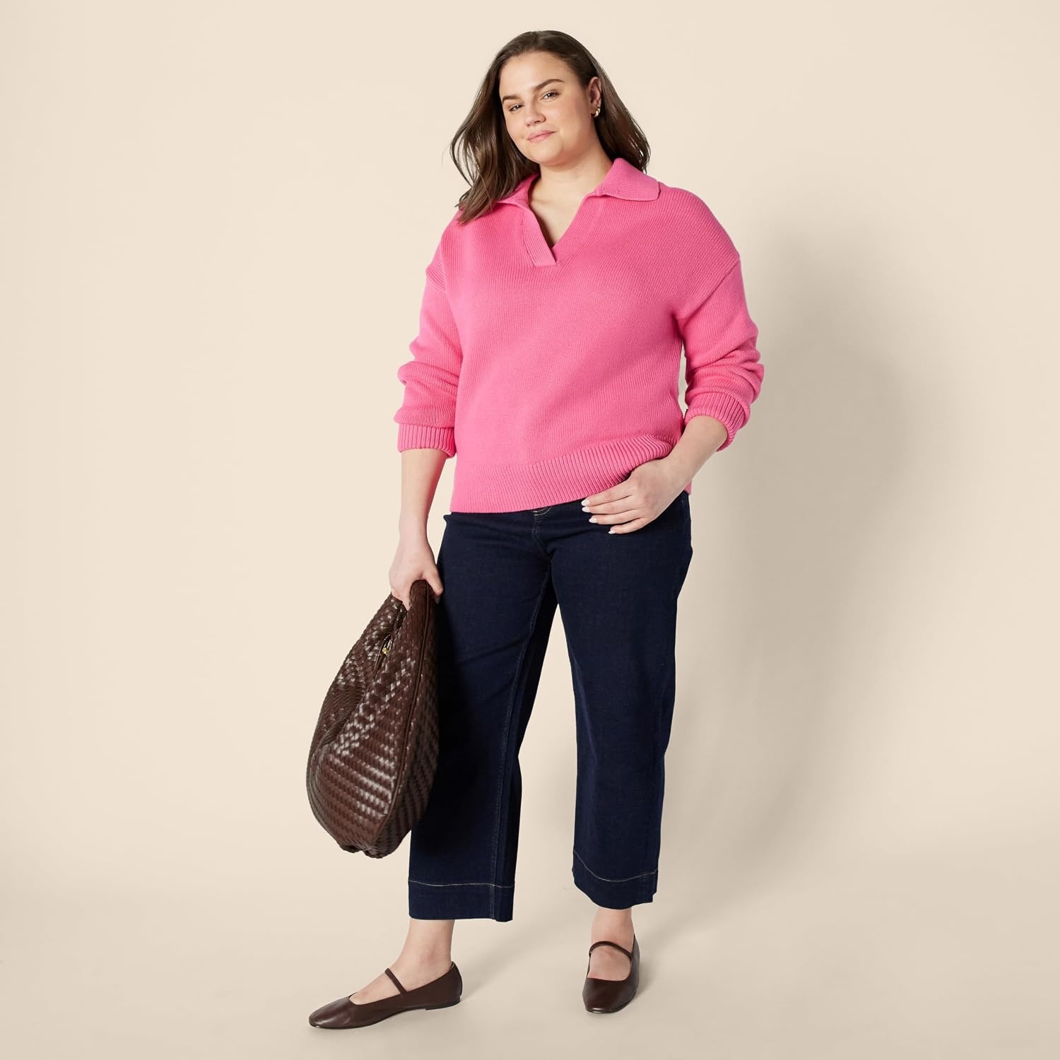 image:imageAmazon Essentials Womens RegularFit Midweight Cotton Polo Pullover Sweater Long Sleeve V Neck CollaredHot Pink