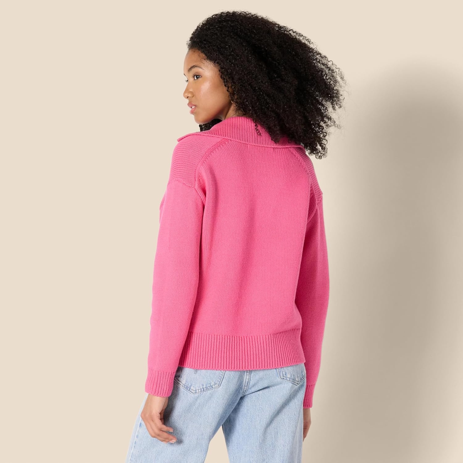 image:imageAmazon Essentials Womens RegularFit Midweight Cotton Polo Pullover Sweater Long Sleeve V Neck CollaredHot Pink