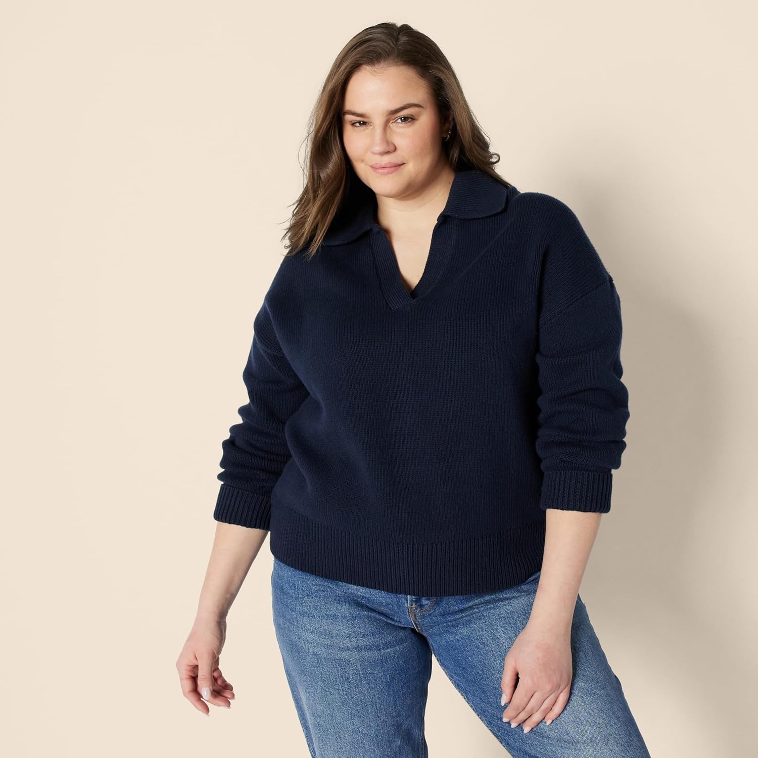 image:imageAmazon Essentials Womens RegularFit Midweight Cotton Polo Pullover Sweater Long Sleeve V Neck CollaredNavy