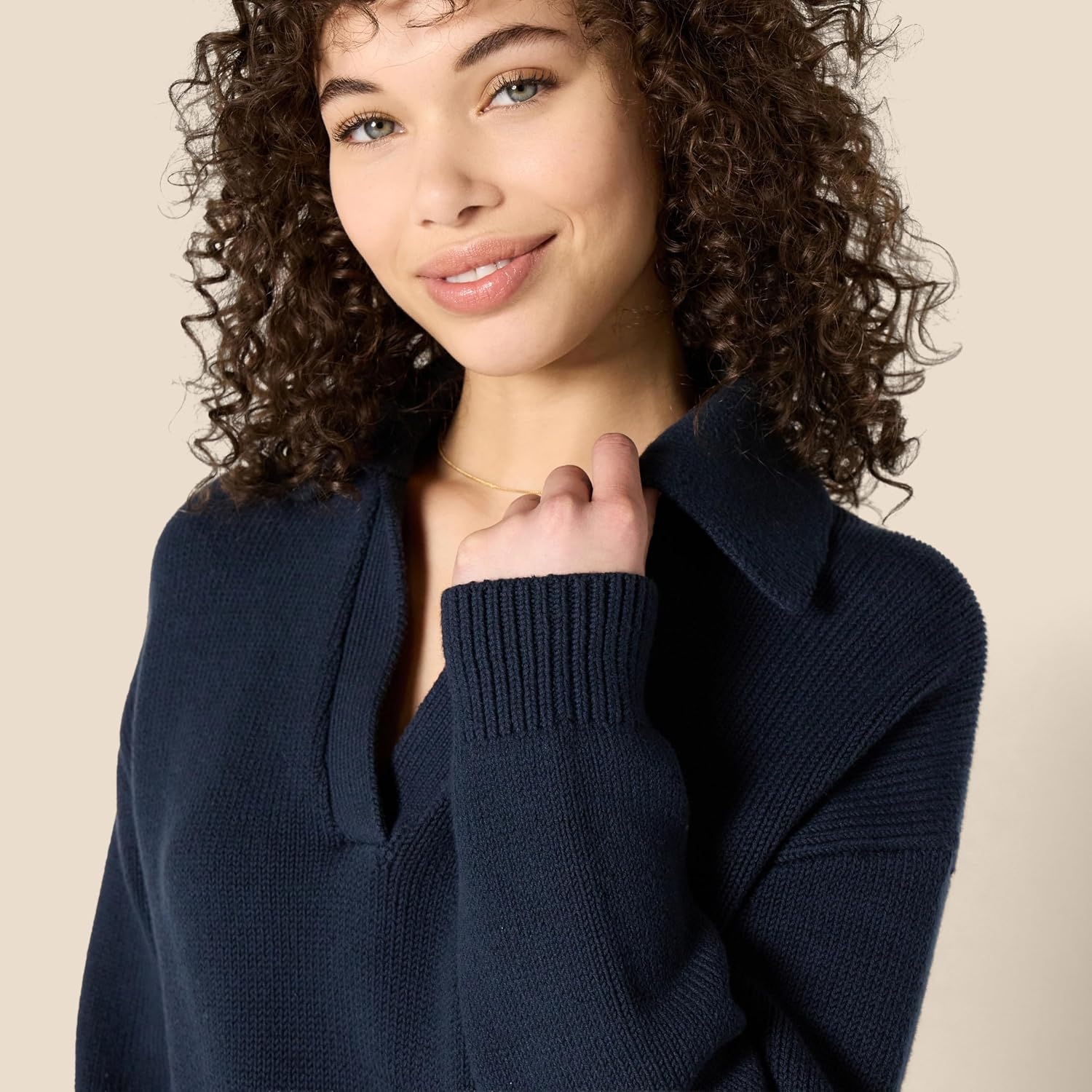 image:imageAmazon Essentials Womens RegularFit Midweight Cotton Polo Pullover Sweater Long Sleeve V Neck CollaredNavy