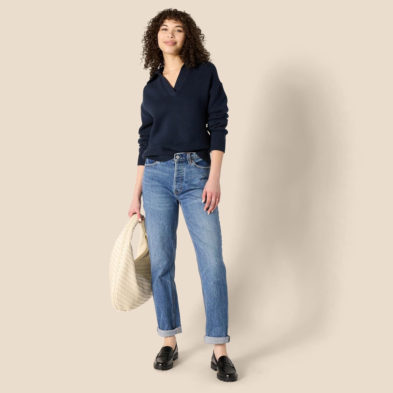 image:imageAmazon Essentials Womens RegularFit Midweight Cotton Polo Pullover Sweater Long Sleeve V Neck CollaredNavy