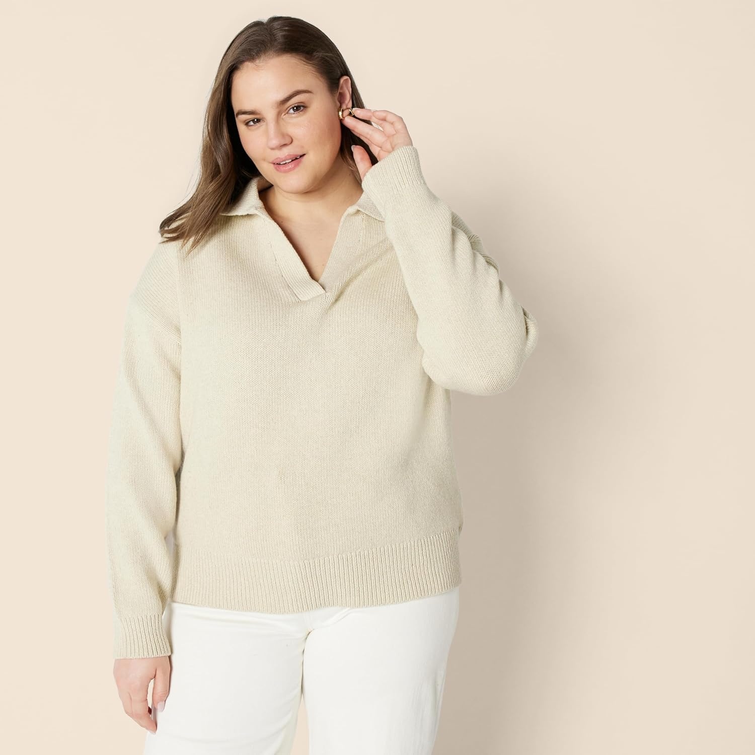 image:imageAmazon Essentials Womens RegularFit Midweight Cotton Polo Pullover Sweater Long Sleeve V Neck CollaredSand Heather