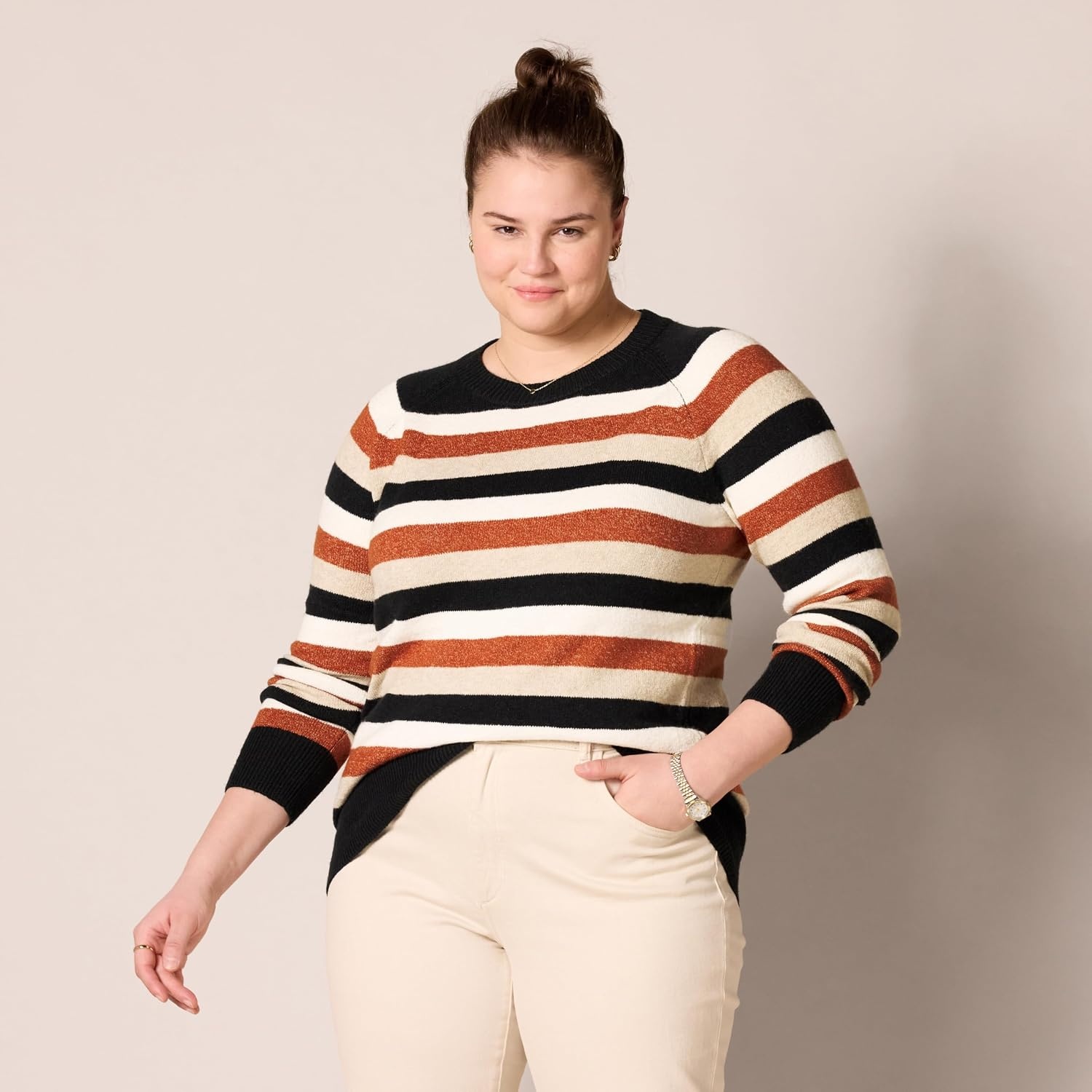 image:imageAmazon Essentials Womens RegularFit Soft Touch Crewneck LongSleeve SweaterBlack Brown Rugby Stripe