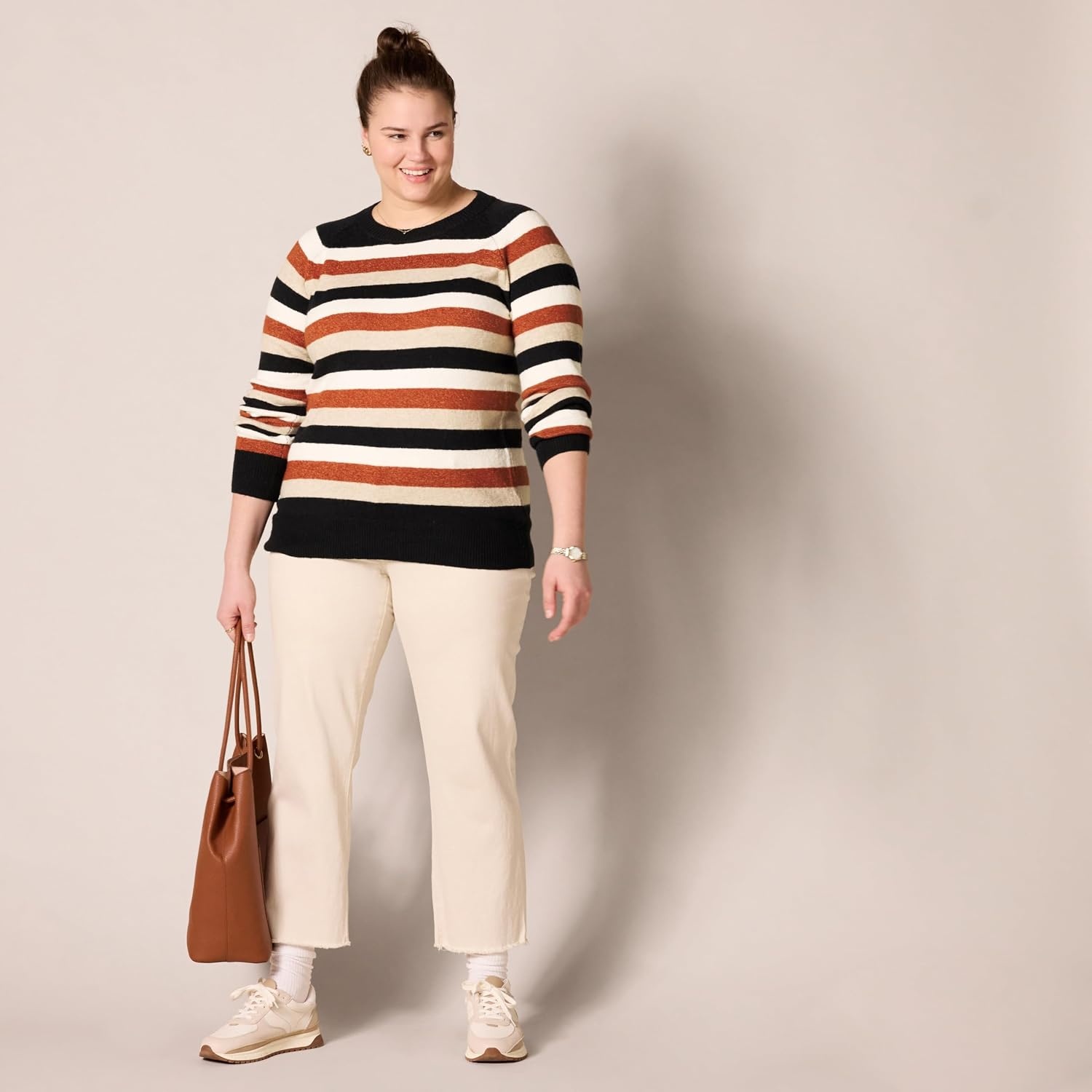 image:imageAmazon Essentials Womens RegularFit Soft Touch Crewneck LongSleeve SweaterBlack Brown Rugby Stripe