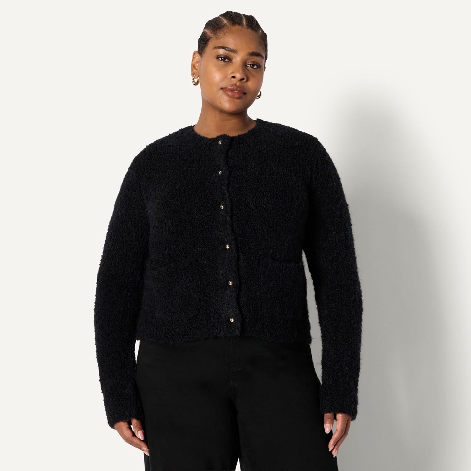 image:imageAmazon Essentials Womens RegularFit Trendy Wool Blend Boucle ButtonDown JacketBlack