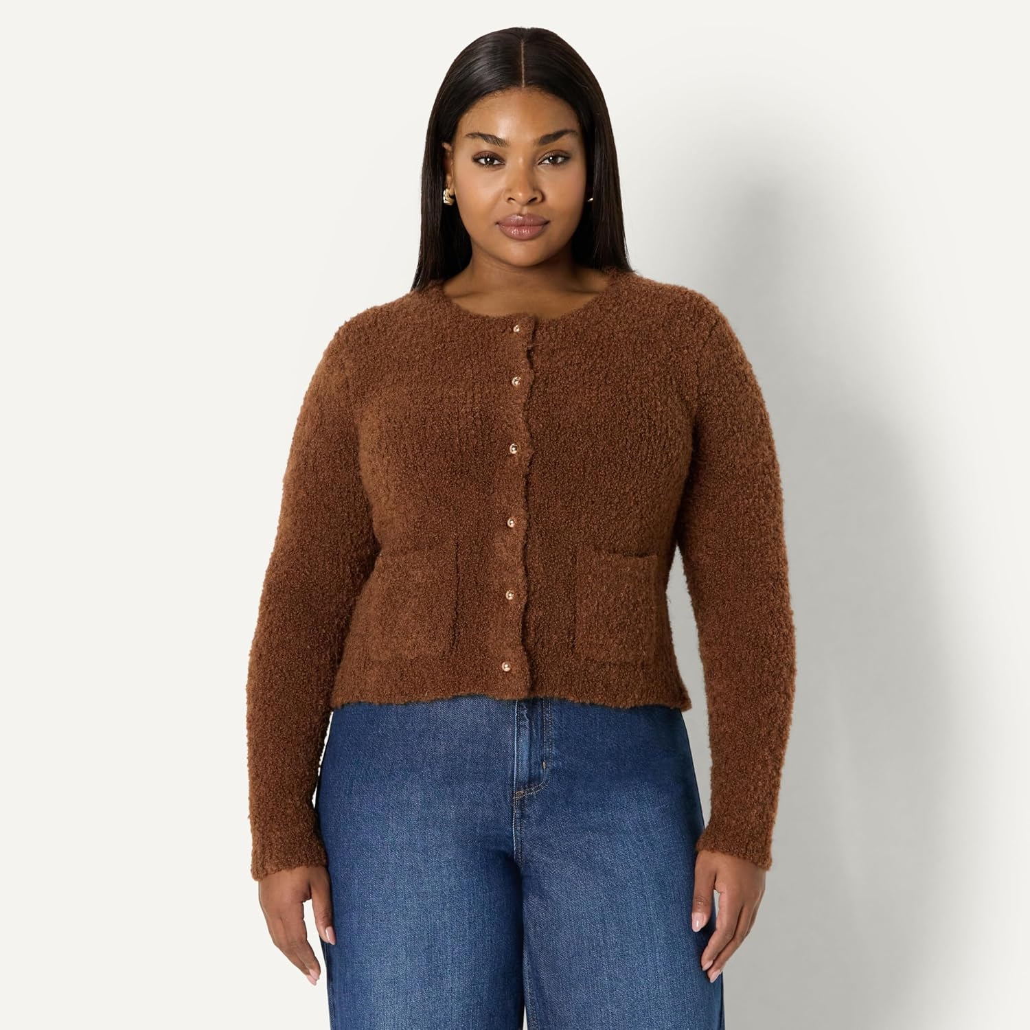 image:imageAmazon Essentials Womens RegularFit Trendy Wool Blend Boucle ButtonDown JacketBrown