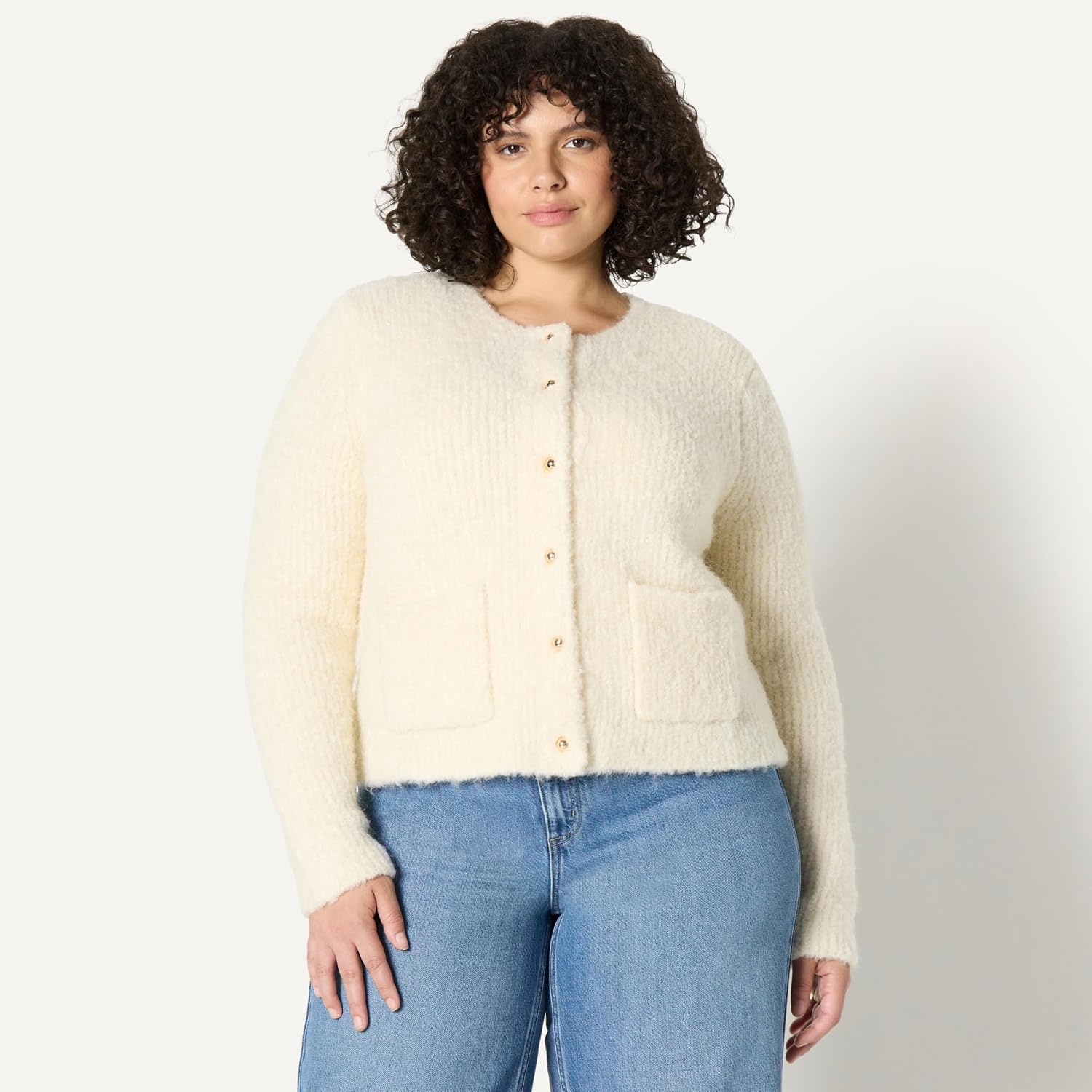 image:imageAmazon Essentials Womens RegularFit Trendy Wool Blend Boucle ButtonDown JacketCream