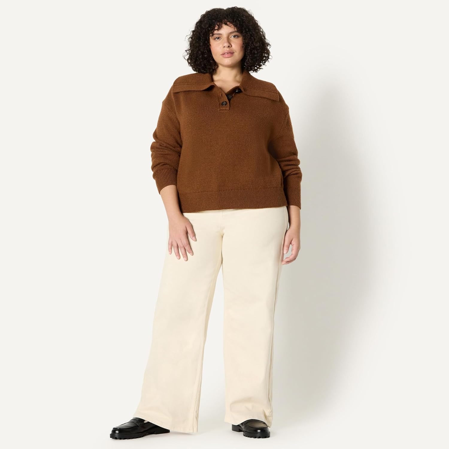 image:imageAmazon Essentials Womens RelaxedFit Button Collar Sweater Ribbed Soft Cotton Blend Dropped ShouldersCaramel Heather