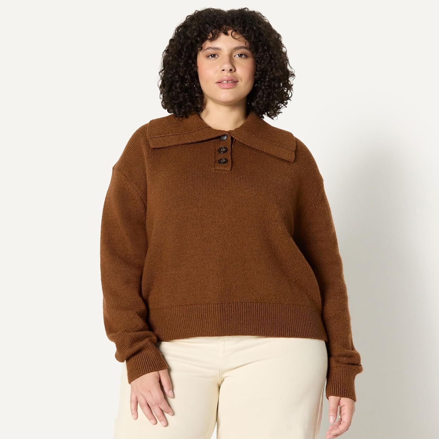 image:imageAmazon Essentials Womens RelaxedFit Button Collar Sweater Ribbed Soft Cotton Blend Dropped ShouldersCaramel Heather