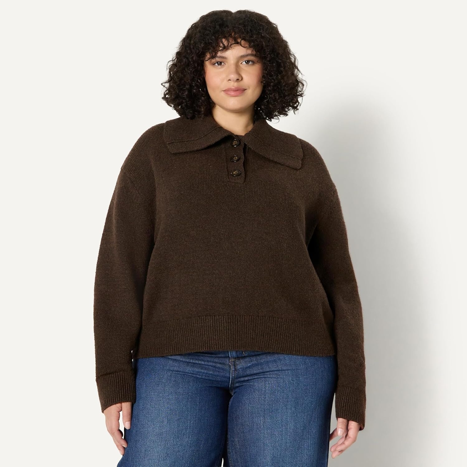 image:imageAmazon Essentials Womens RelaxedFit Button Collar Sweater Ribbed Soft Cotton Blend Dropped ShouldersCharcoal Heather