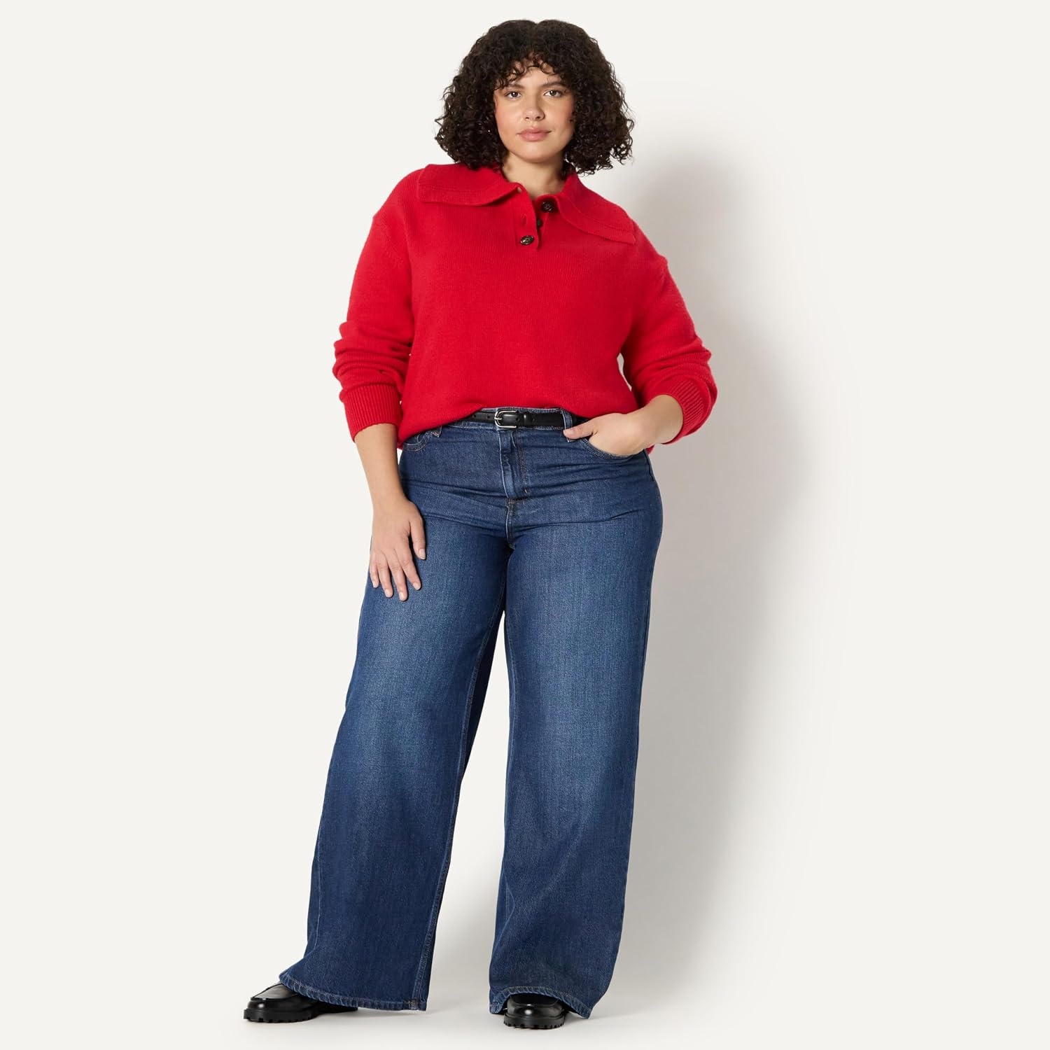 image:imageAmazon Essentials Womens RelaxedFit Button Collar Sweater Ribbed Soft Cotton Blend Dropped ShouldersRed