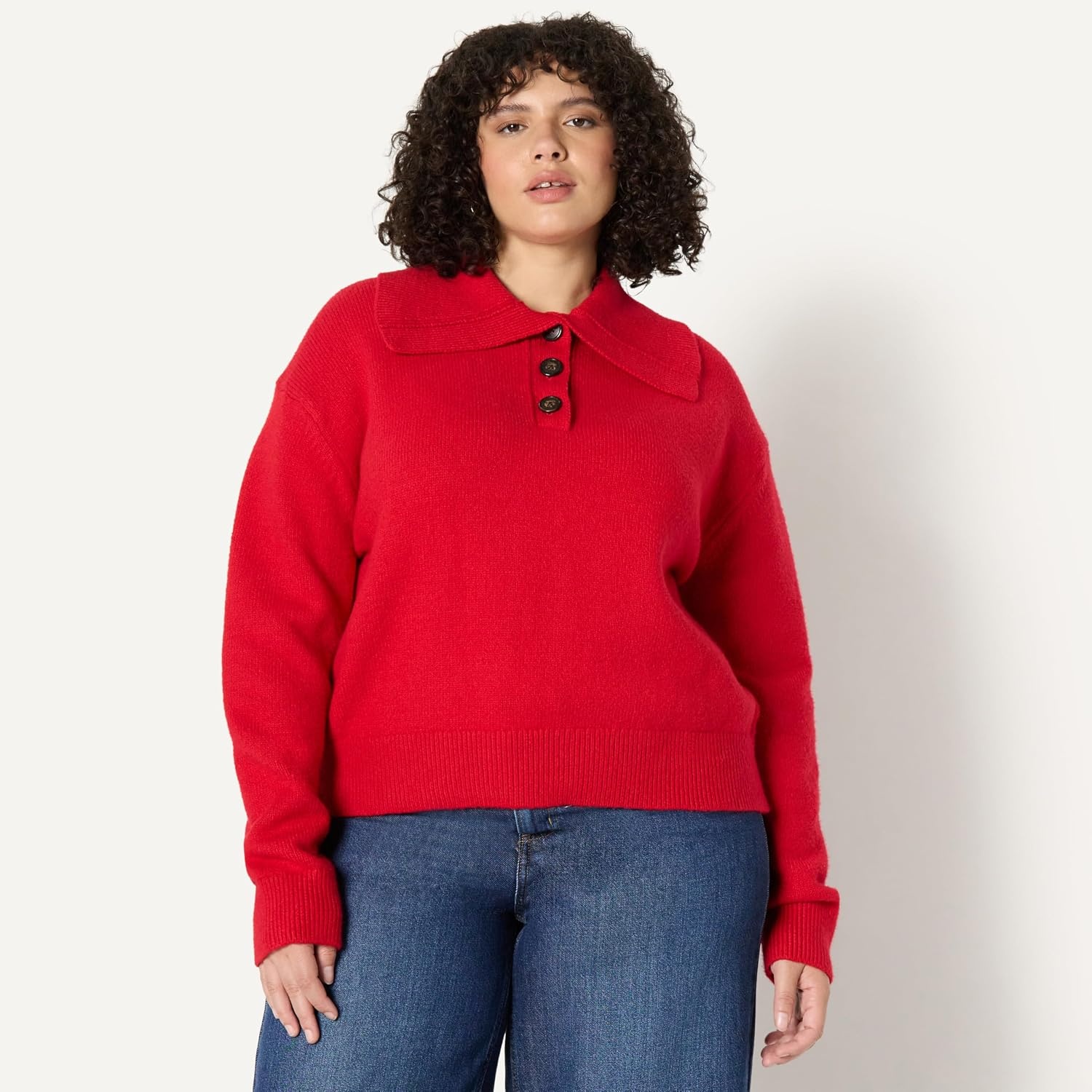 image:imageAmazon Essentials Womens RelaxedFit Button Collar Sweater Ribbed Soft Cotton Blend Dropped ShouldersRed