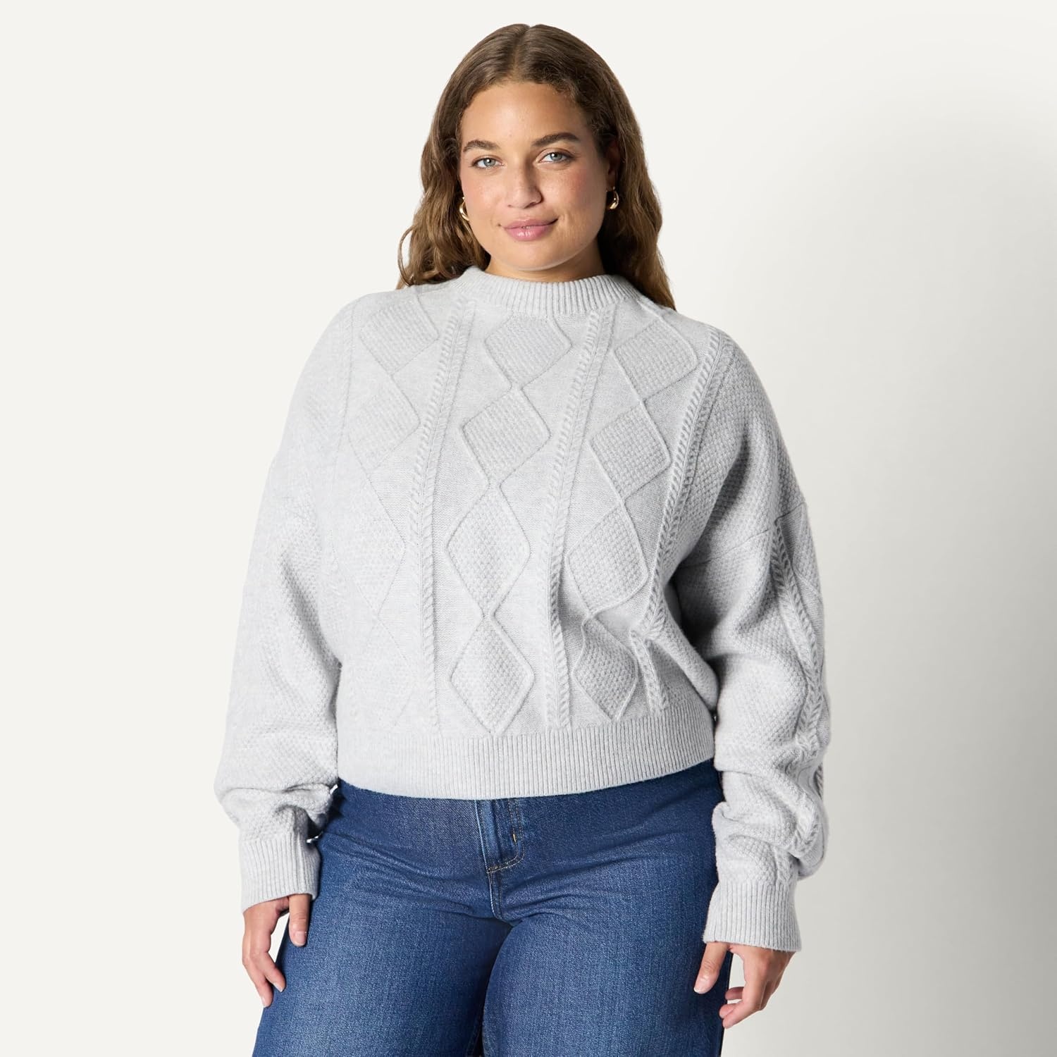 image:imageAmazon Essentials Womens RelaxedFit Cable Crewneck SweaterLight Grey Heather