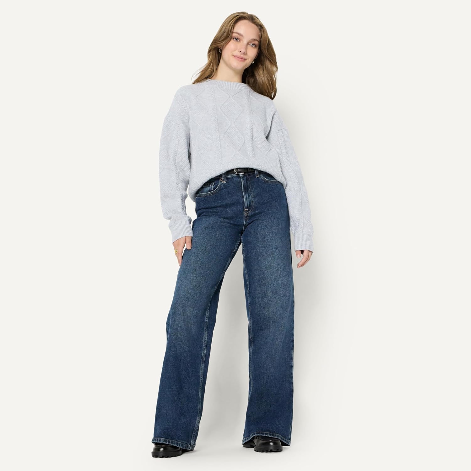 image:imageAmazon Essentials Womens RelaxedFit Cable Crewneck SweaterLight Grey Heather
