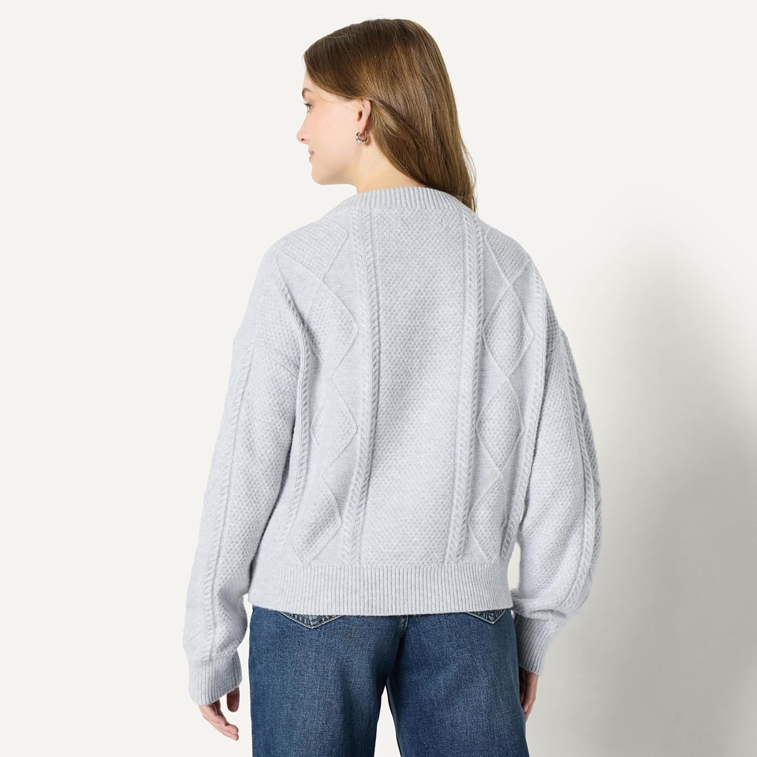 image:imageAmazon Essentials Womens RelaxedFit Cable Crewneck SweaterLight Grey Heather