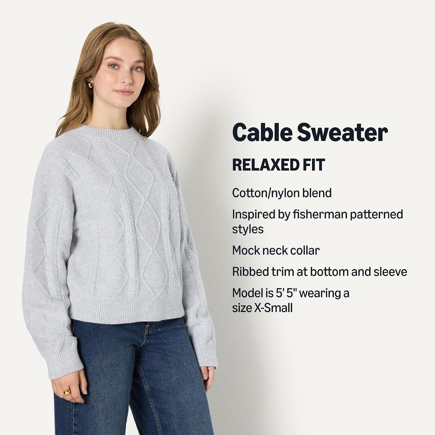 image:imageAmazon Essentials Womens RelaxedFit Cable Crewneck SweaterLight Grey Heather
