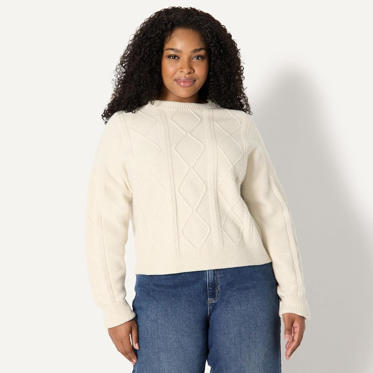 image:imageAmazon Essentials Womens RelaxedFit Cable Crewneck SweaterOatmeal Heather