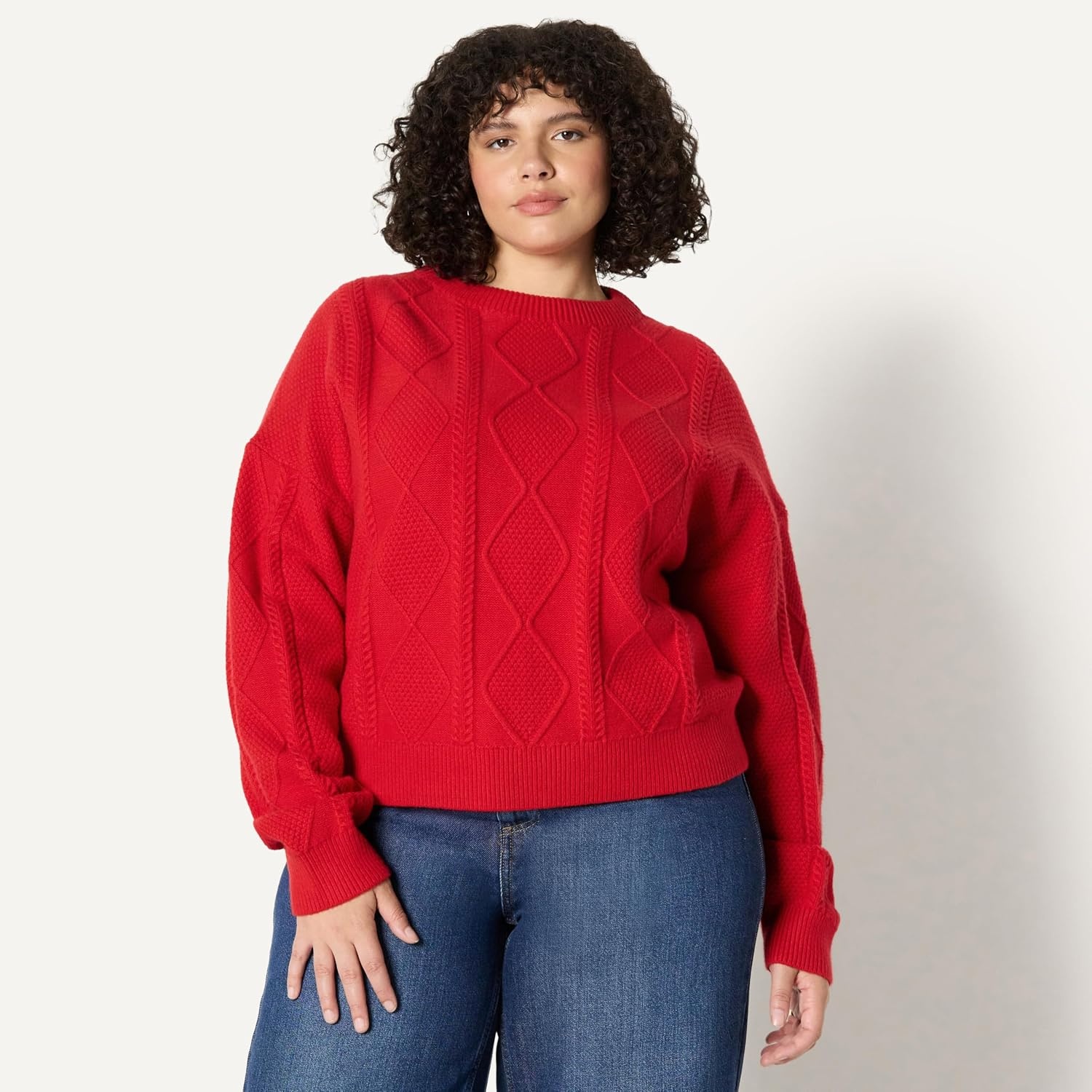 image:imageAmazon Essentials Womens RelaxedFit Cable Crewneck SweaterRed