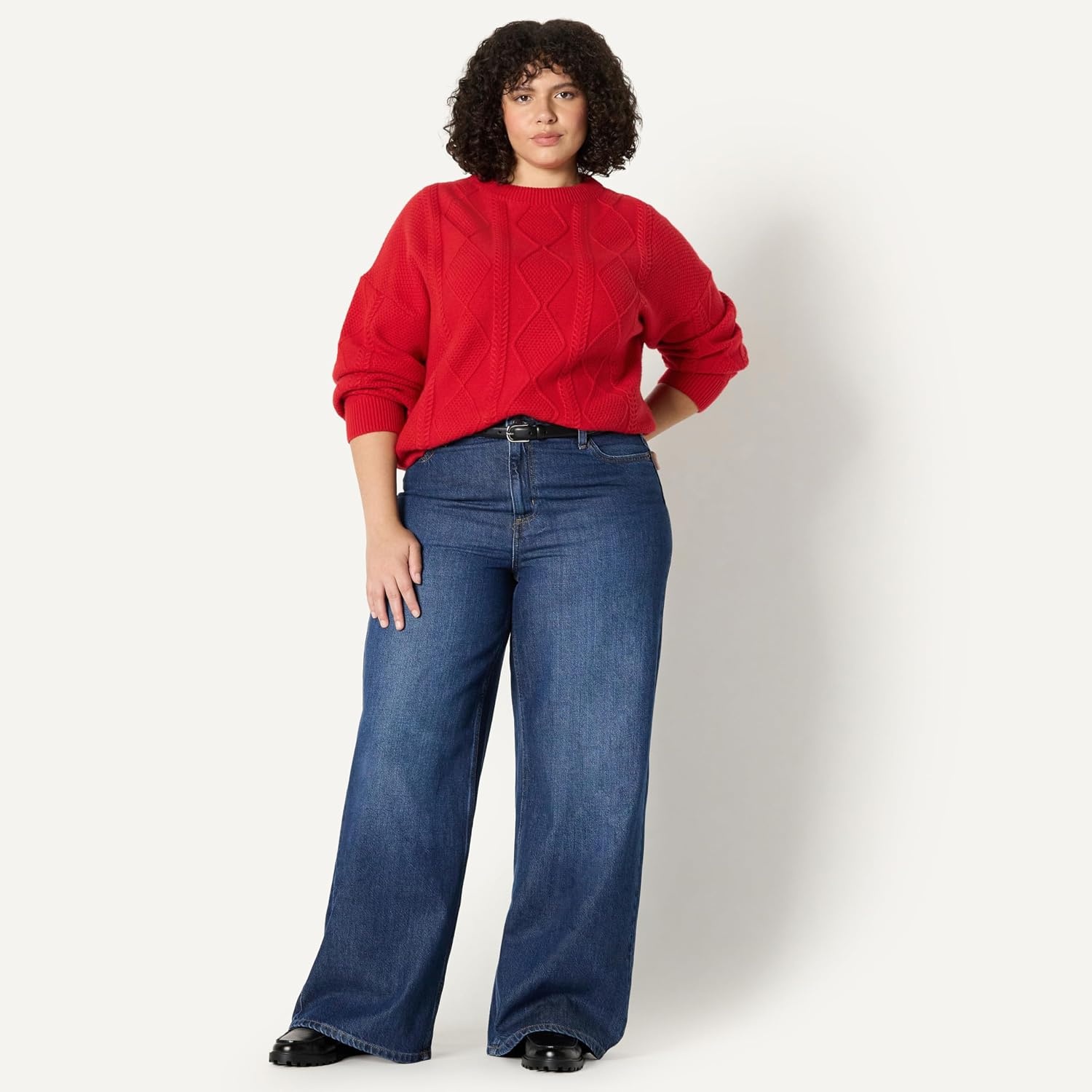 image:imageAmazon Essentials Womens RelaxedFit Cable Crewneck SweaterRed