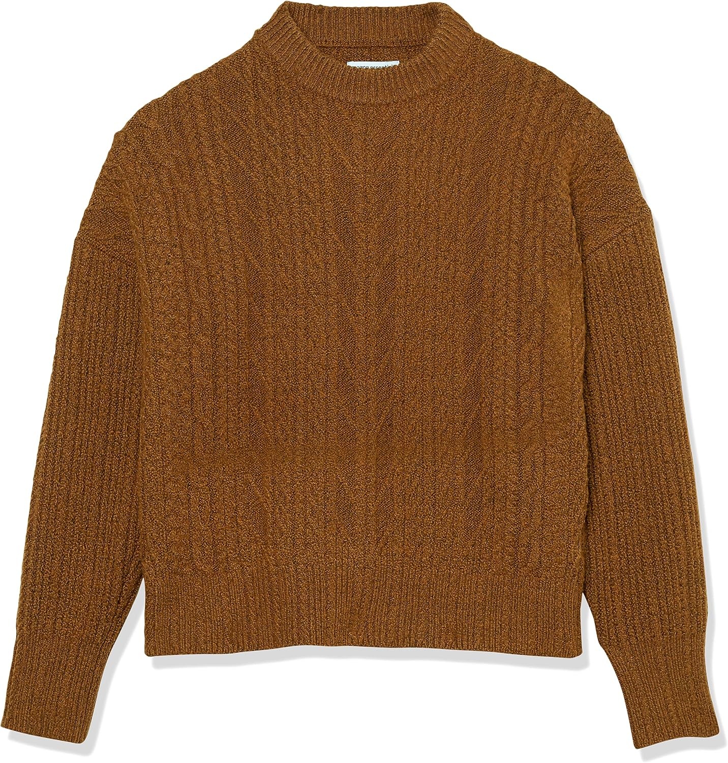 image:imageAmazon Essentials Womens RelaxedFit Cable Knit Sweater SoftTouch Modern Crewneck PlusDark Camel Heather