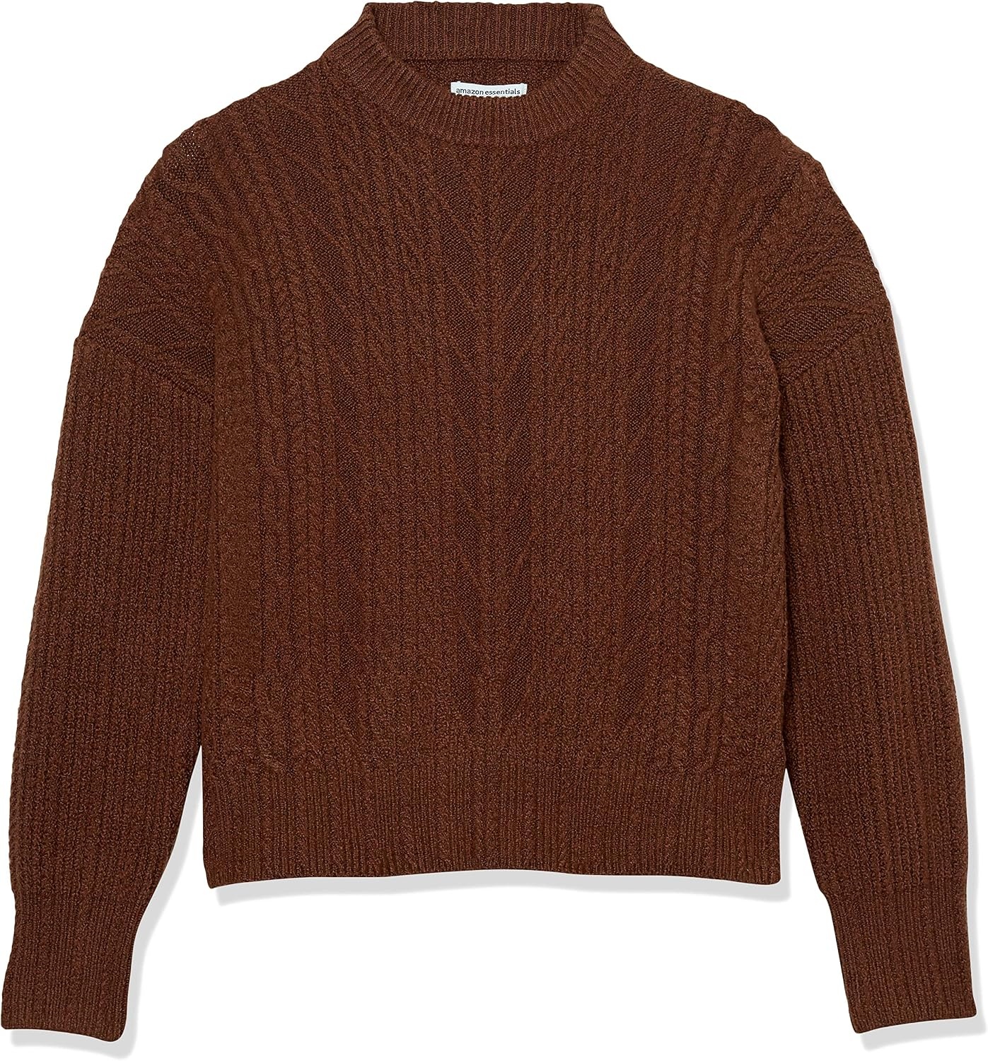 image:imageAmazon Essentials Womens RelaxedFit Cable Knit Sweater SoftTouch Modern Crewneck PlusDark Toffee Brown