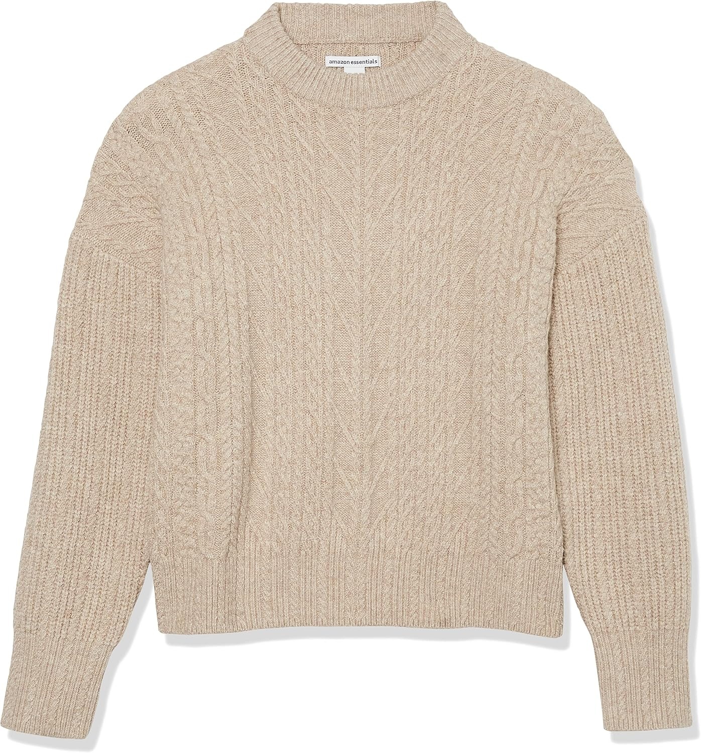 image:imageAmazon Essentials Womens RelaxedFit Cable Knit Sweater SoftTouch Modern Crewneck PlusTan Heather