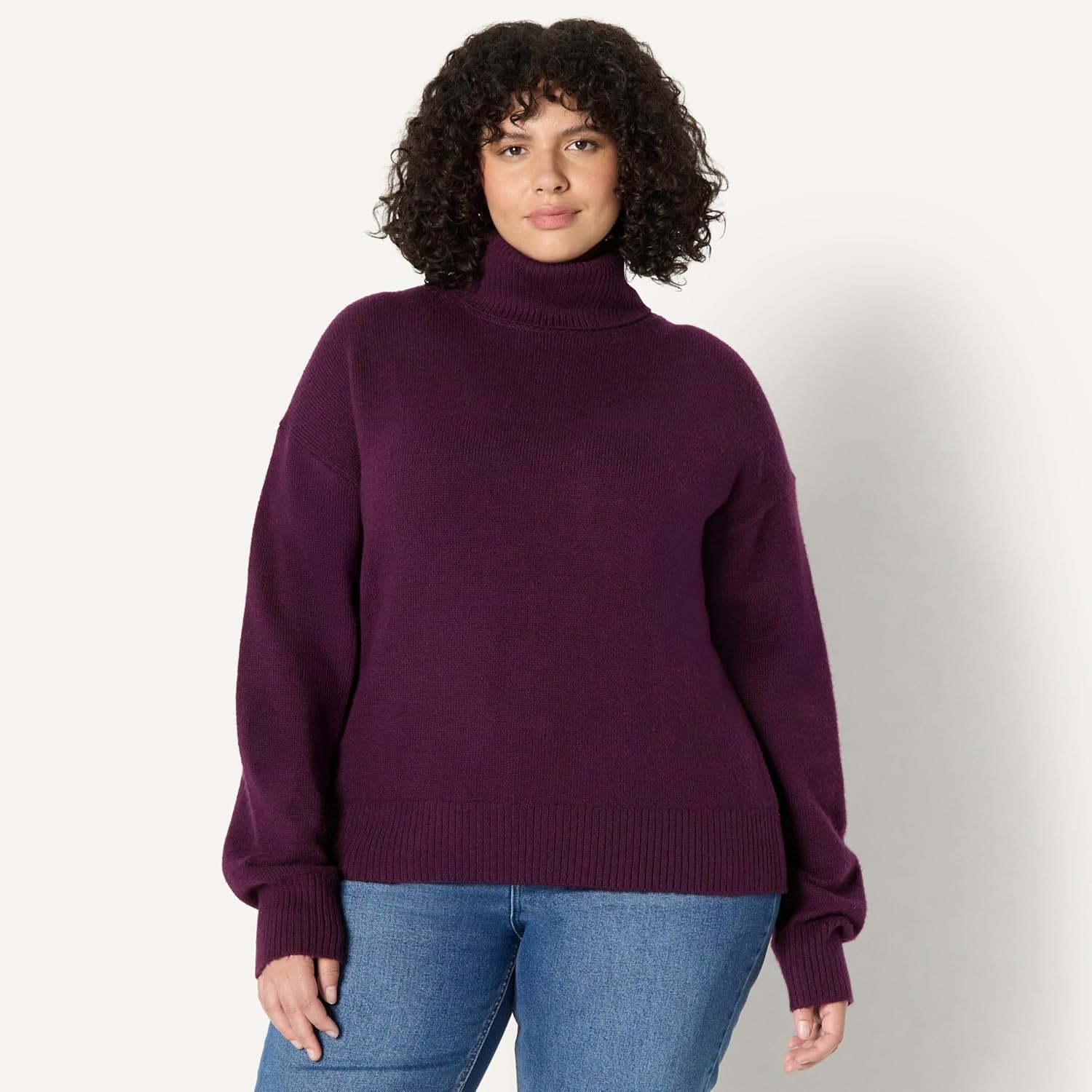 image:imageAmazon Essentials Womens RelaxedFit Cotton Blend Turtleneck Pullover Sweater with Dropped Shoulders Rib TrimBurgundy