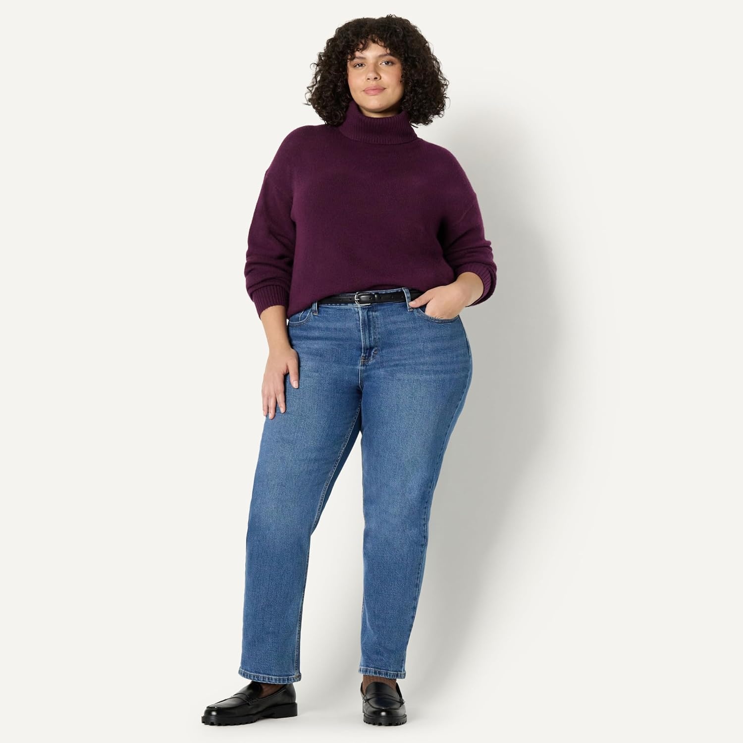 image:imageAmazon Essentials Womens RelaxedFit Cotton Blend Turtleneck Pullover Sweater with Dropped Shoulders Rib TrimBurgundy