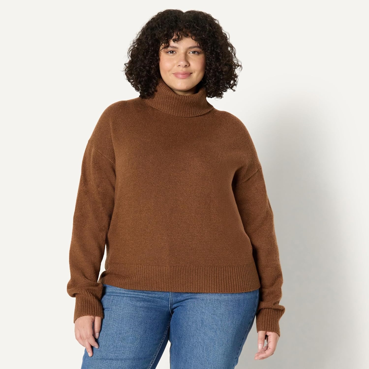 image:imageAmazon Essentials Womens RelaxedFit Cotton Blend Turtleneck Pullover Sweater with Dropped Shoulders Rib TrimCaramel Heather
