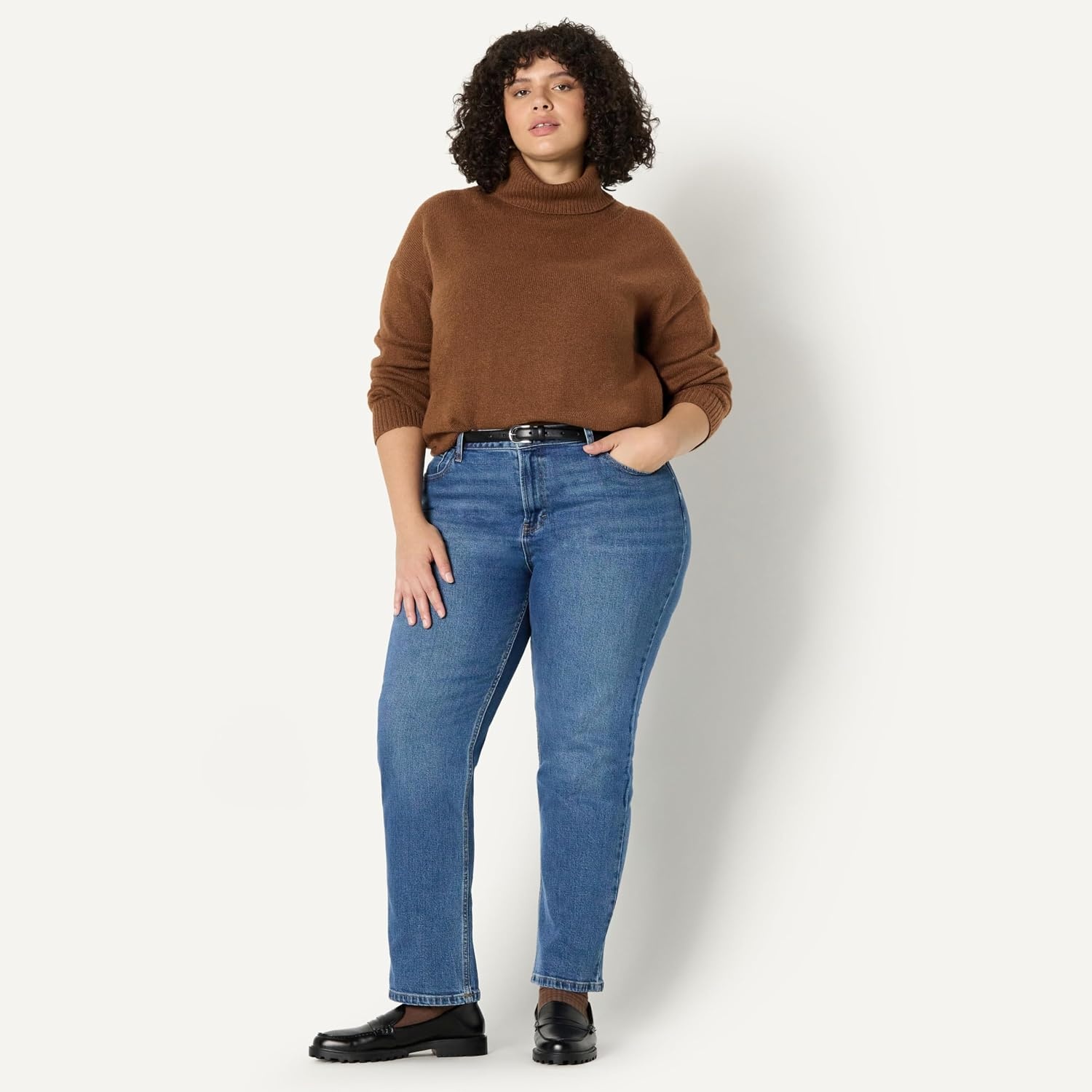 image:imageAmazon Essentials Womens RelaxedFit Cotton Blend Turtleneck Pullover Sweater with Dropped Shoulders Rib TrimCaramel Heather