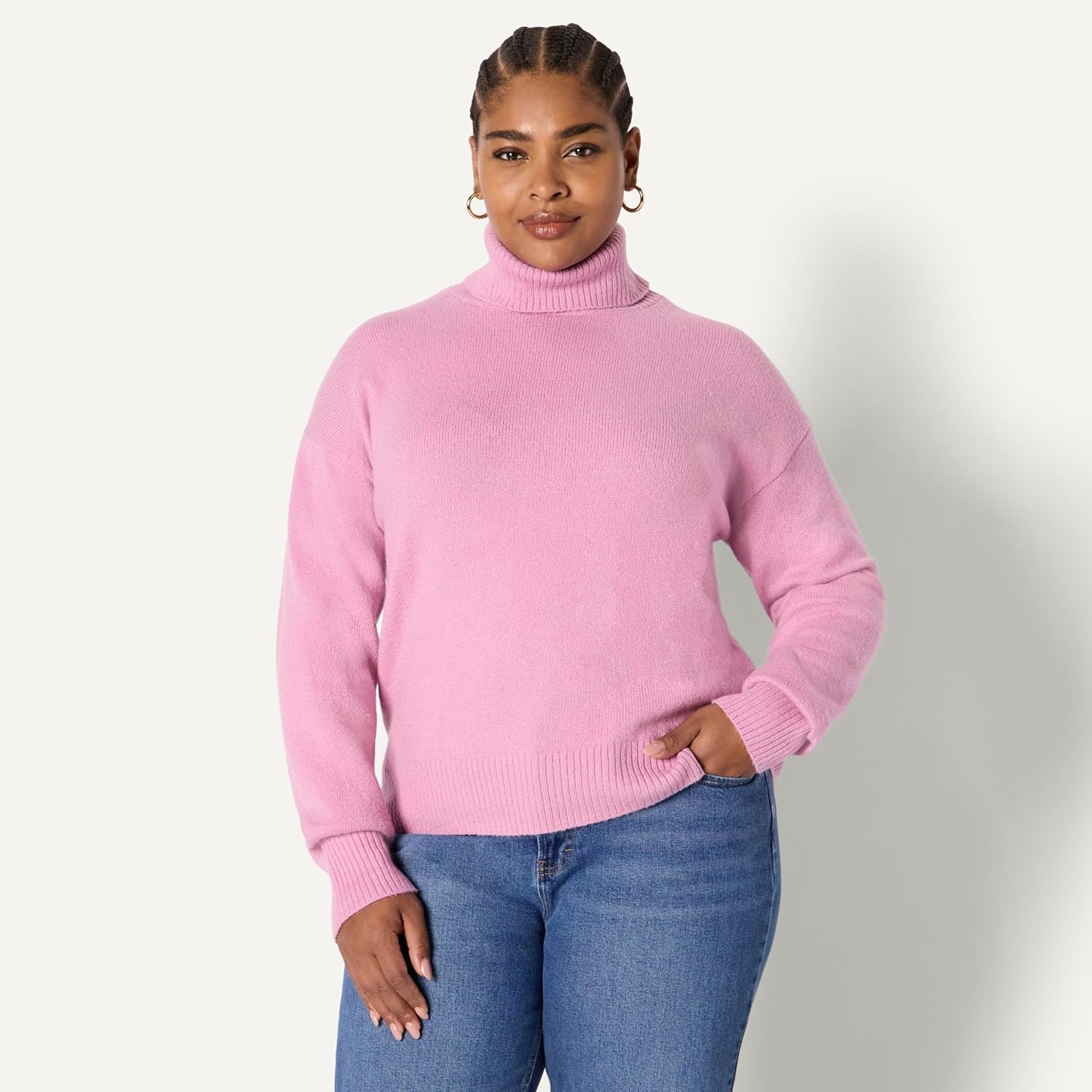 image:imageAmazon Essentials Womens RelaxedFit Cotton Blend Turtleneck Pullover Sweater with Dropped Shoulders Rib TrimMauve