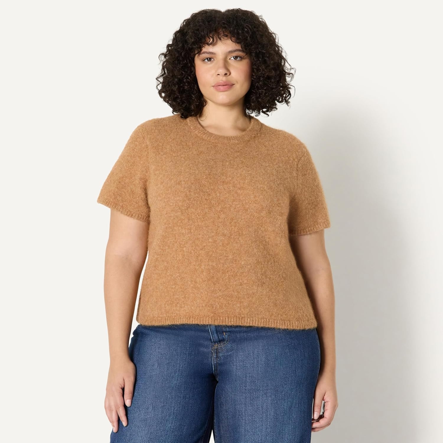 image:imageAmazon Essentials Womens RelaxedFit Faux Mohair Short Sleeve Sweater TopCamel Heather