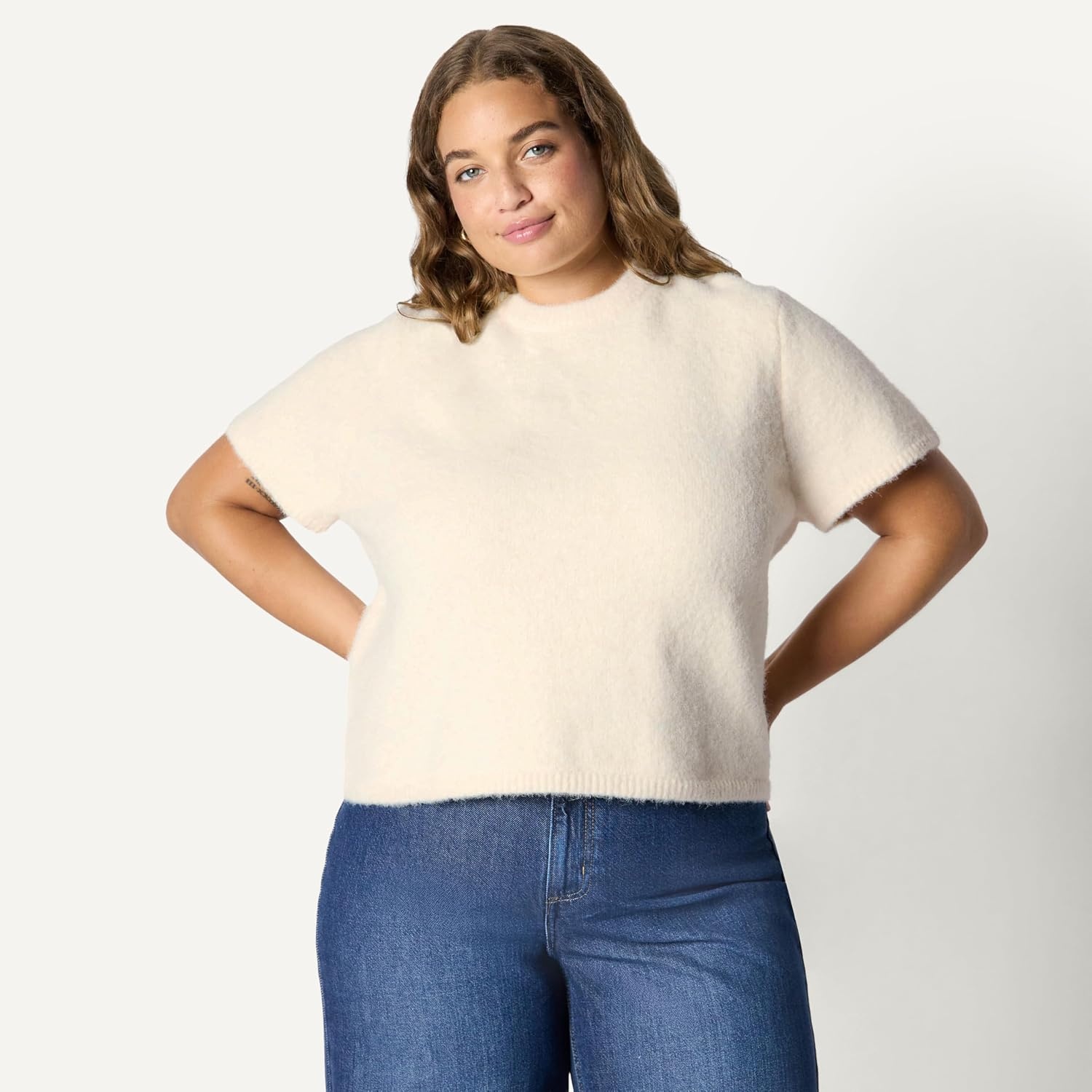 image:imageAmazon Essentials Womens RelaxedFit Faux Mohair Short Sleeve Sweater TopCream