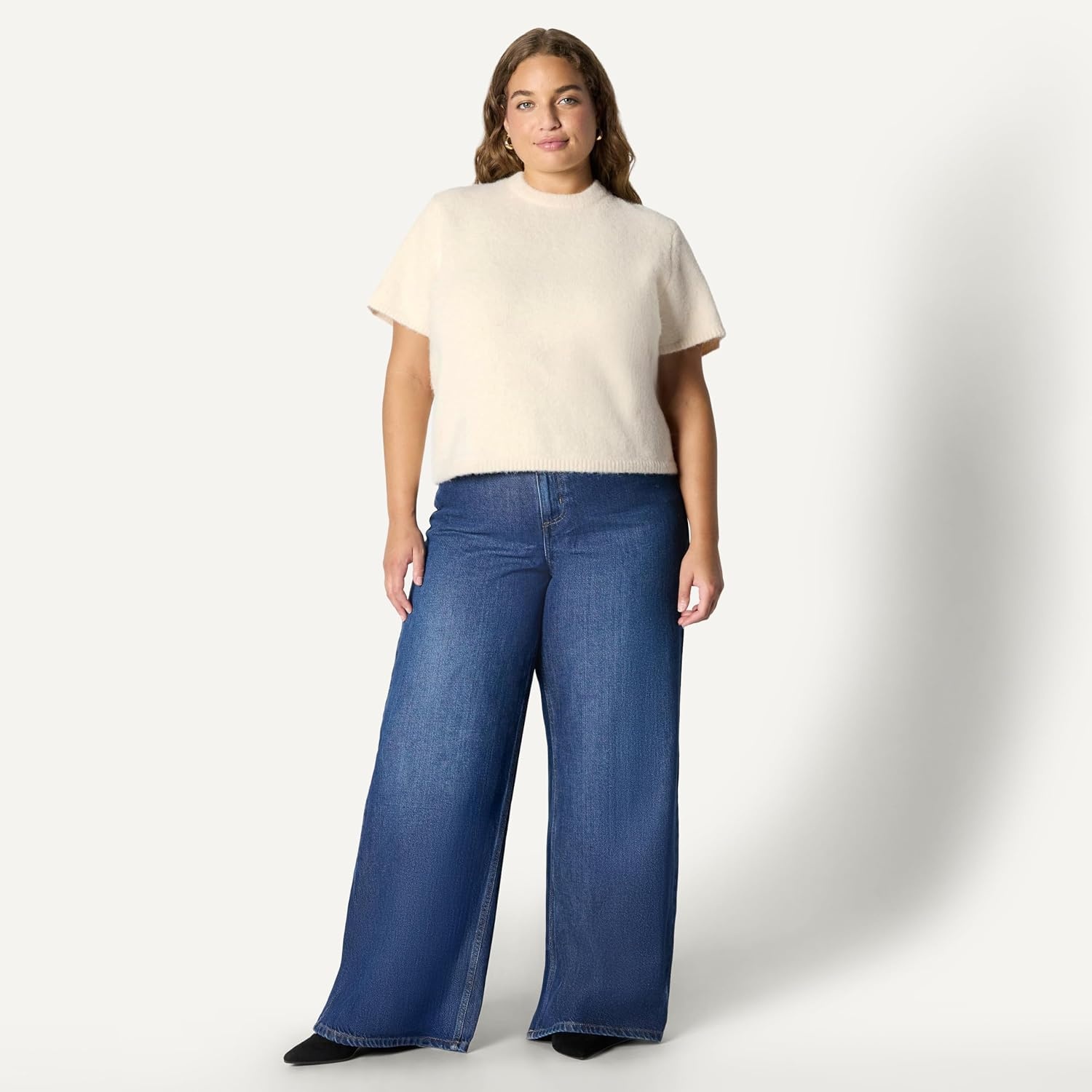 image:imageAmazon Essentials Womens RelaxedFit Faux Mohair Short Sleeve Sweater TopCream
