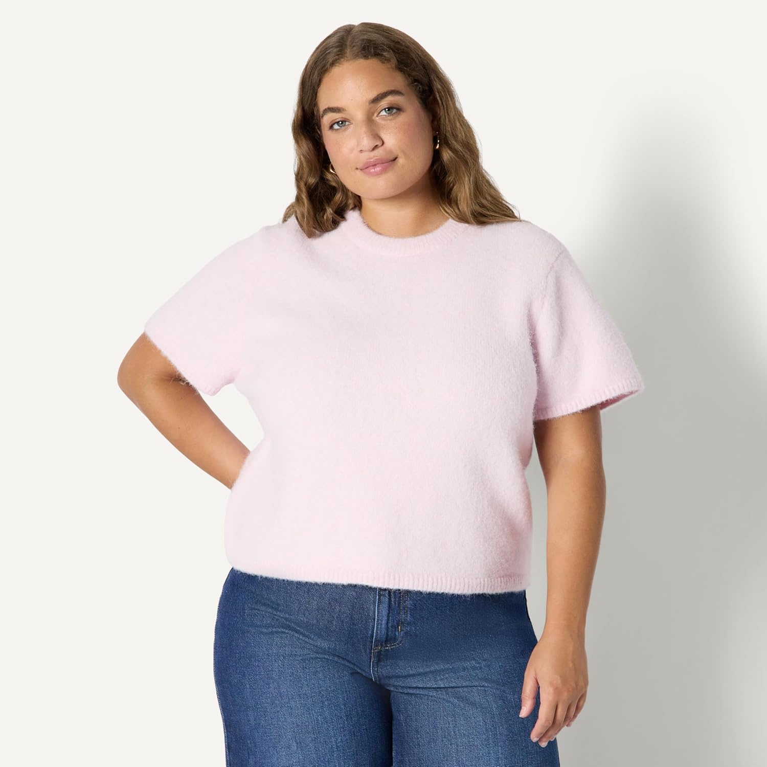 image:imageAmazon Essentials Womens RelaxedFit Faux Mohair Short Sleeve Sweater TopPastel Lilac