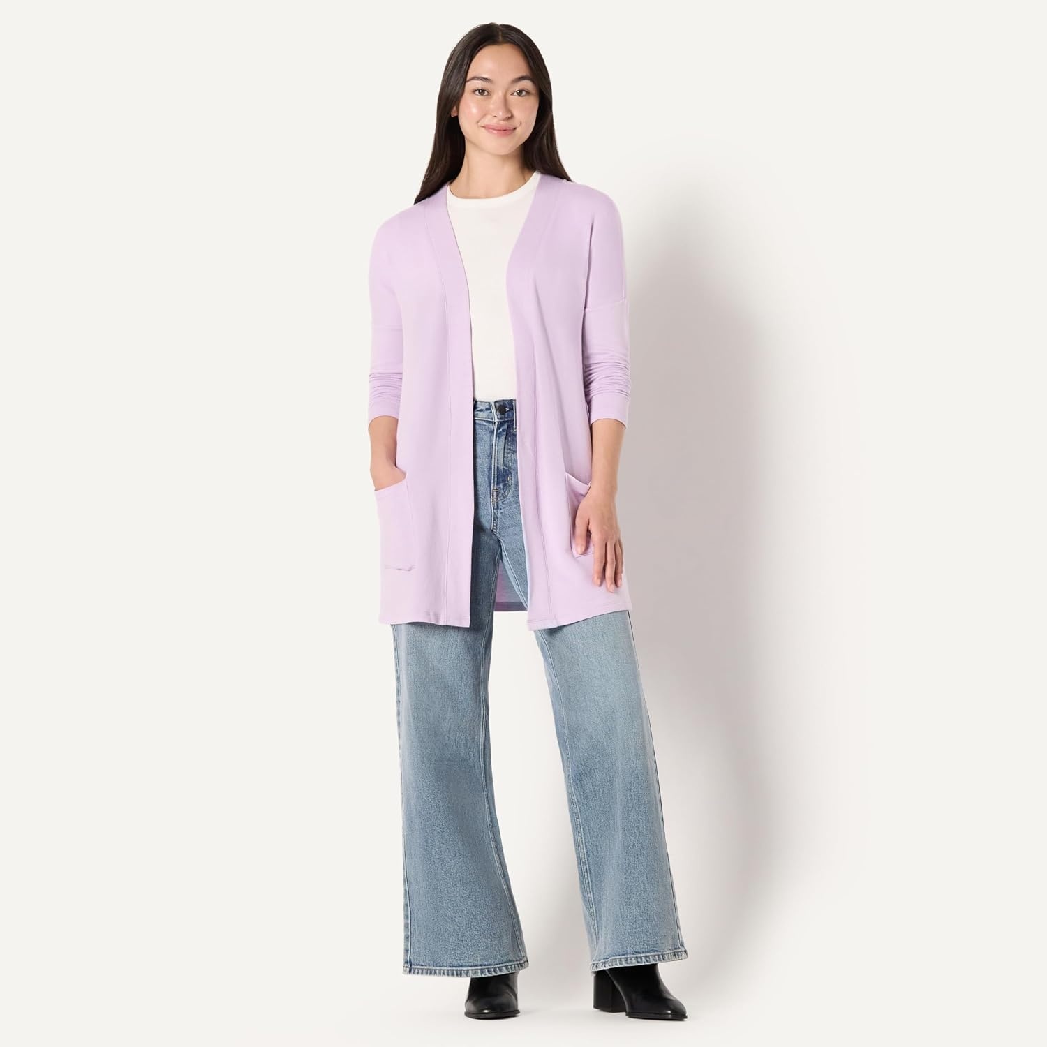 image:imageAmazon Essentials Womens RelaxedFit UltraLightweight OpenFront CardiganLavender
