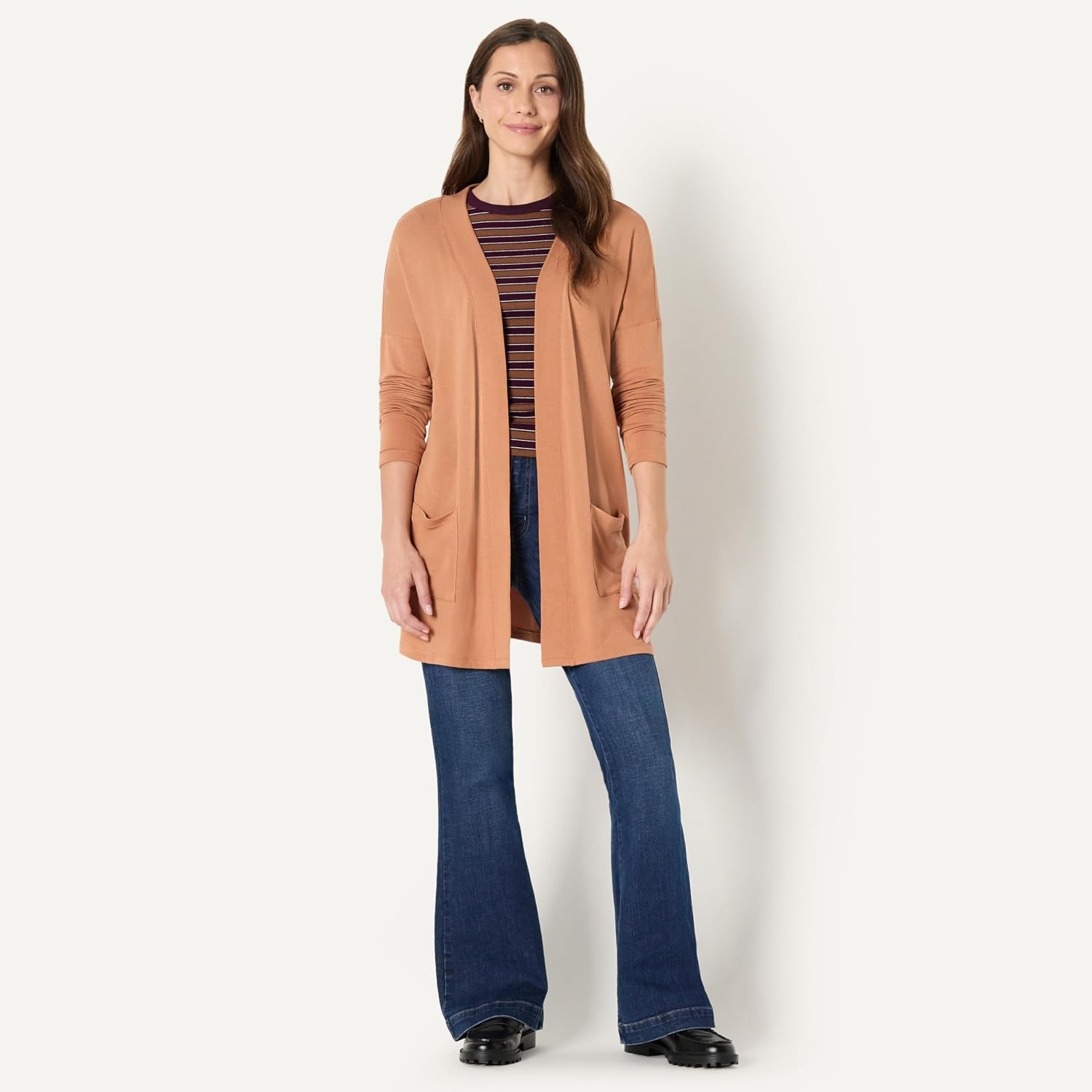 image:imageAmazon Essentials Womens RelaxedFit UltraLightweight OpenFront CardiganLight Caramel