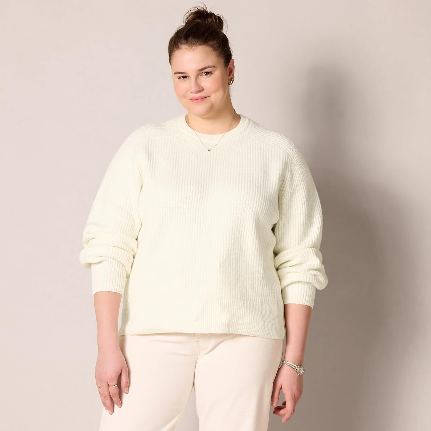 image:imageAmazon Essentials Womens Ribbed Long Sleeve Crewneck SweaterEggshell White